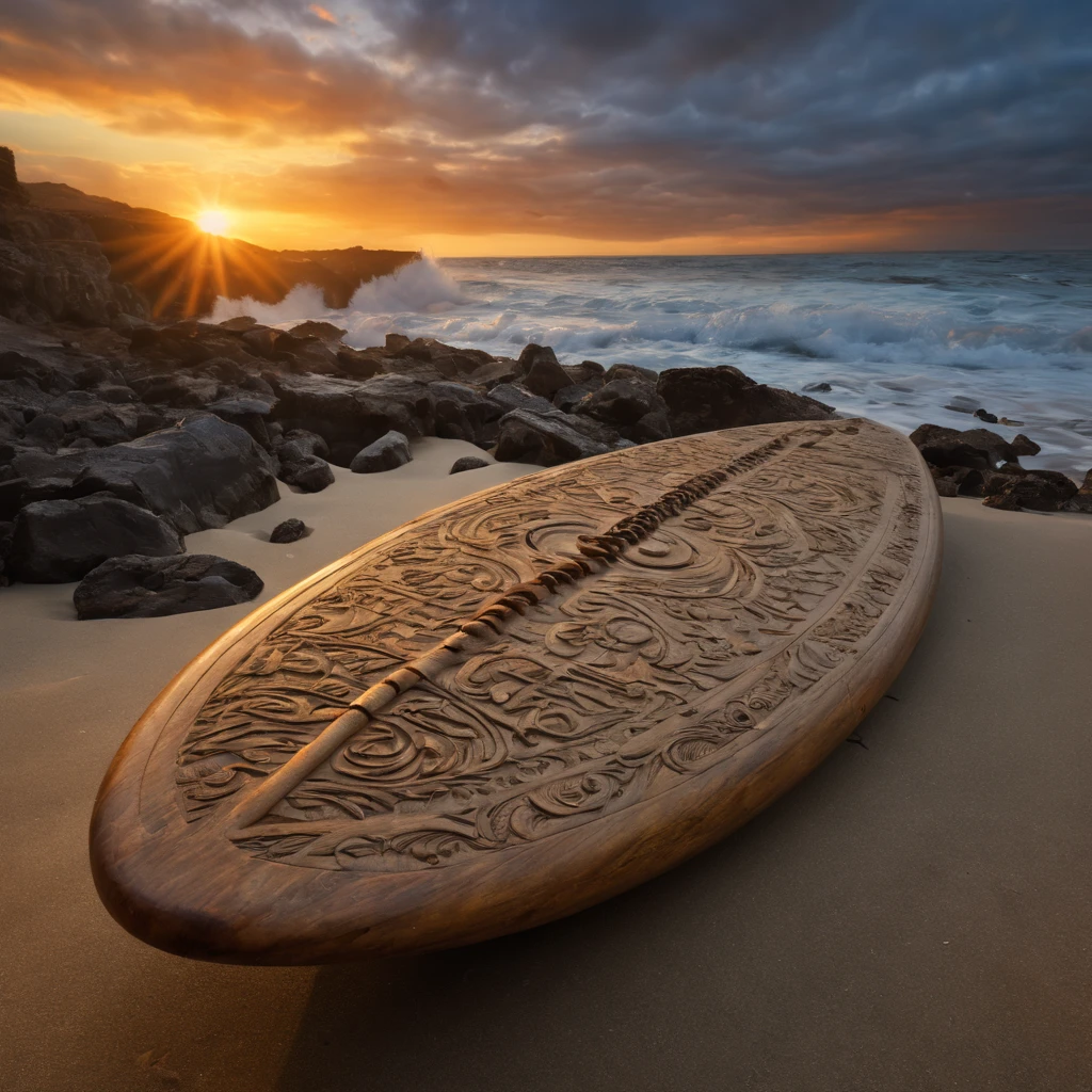 (best quality,4k,8k,highres,masterpiece:1.2),ultra-detailed,(realistic,photorealistic,photo-realistic:1.37),ancient artifacts,ancient relics,beautifully carved stone sculptures,glowing gemstones,ancient symbols,worn and weathered statues,mysterious woman,serene expression,flowing hair,powerful waves,subtle sunset colors,dramatic lighting,magical atmosphere,deep ocean,hidden cave,secrets of the past,engraved inscriptions,surfboard made of ancient wood,archaeological discovery,lost civilization.