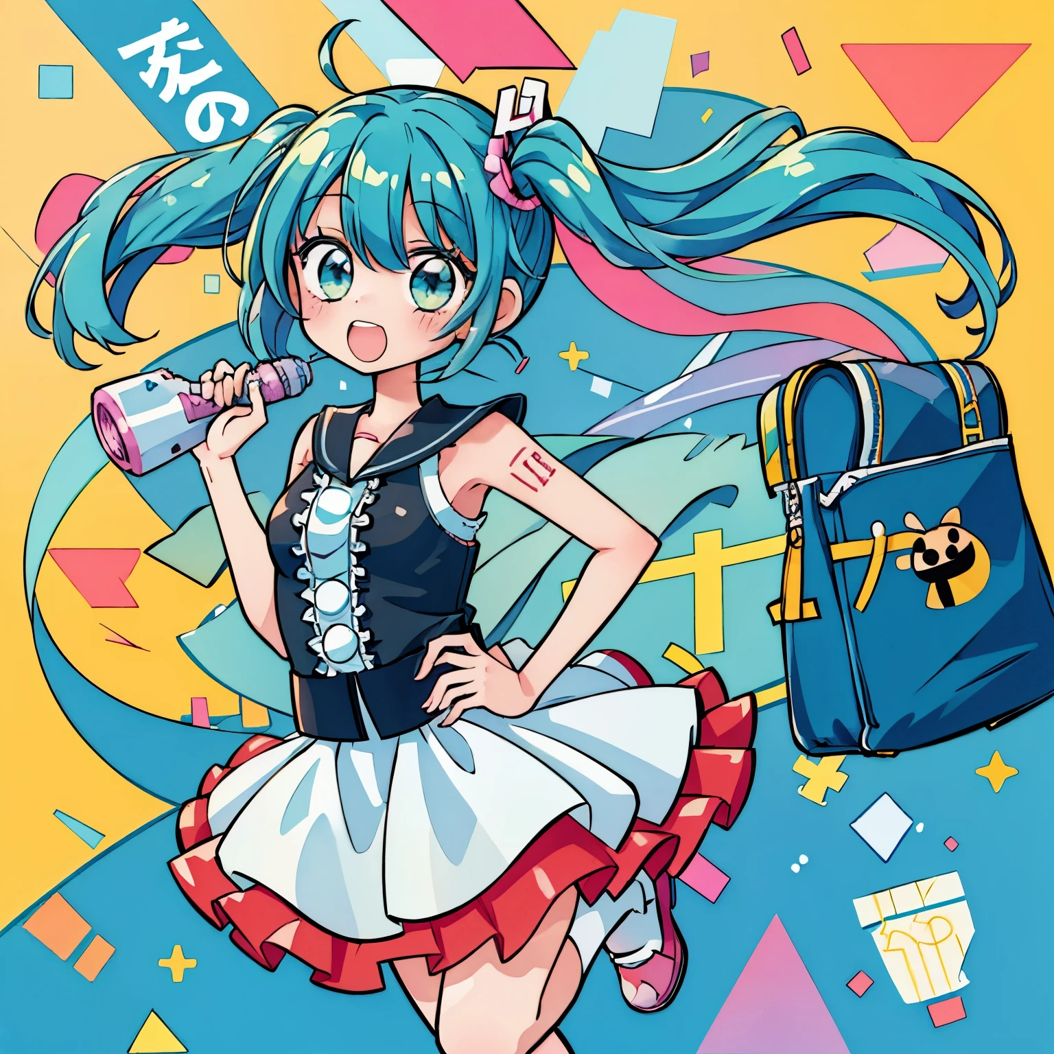 miku hatsune、(masutepiece, Best Quality, hight resolution:1.4), Wallpaper, Full body, 1girl in, Long hair, (Blue hair:1.0), (Black hair:1.0), multicolored hair, Gradient Hair, large full breasts, anime girl with blue hair and a backpack running, hatsune miku, miku, vocaloid, twintails, official artwork, colorful! character design, hatsune miku portrait, small curvy ****, portrait of hatsune miku, vivid color.digital 2d, anime moe artstyle, ****, colorful!!, fuschia and vermillion and cyan