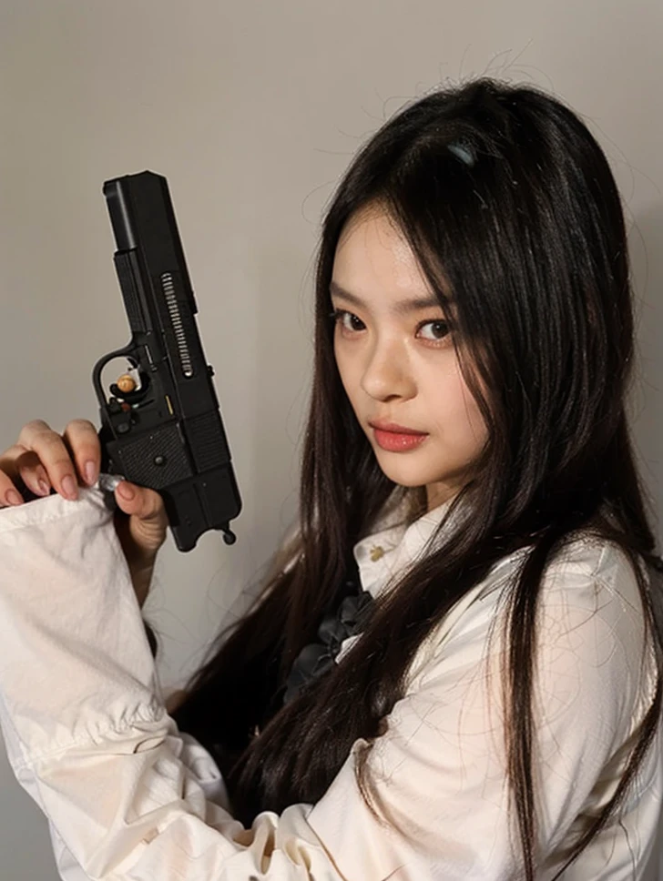 Woman with a gun in her hand and looking at the camera, com pistola, Xision Wu, com fuzil, Hanni new jeans, Pose de Tiro, com uma arma, Hanni Pham as a super villain, ****** coreana, Ulzzang, foto de perfil headshot.