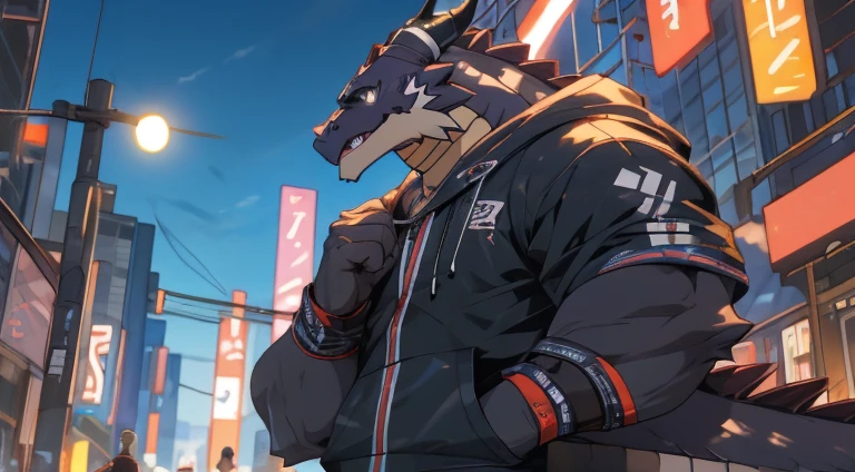 Herbivoredragon, solo,anthropomorphic, full body, body,black furr,stylish Hoodie suite, wearing sport shoes,Tokyo cyberpunk city, afternoon , furry artistic, commission for hyper res, pixiv artwork