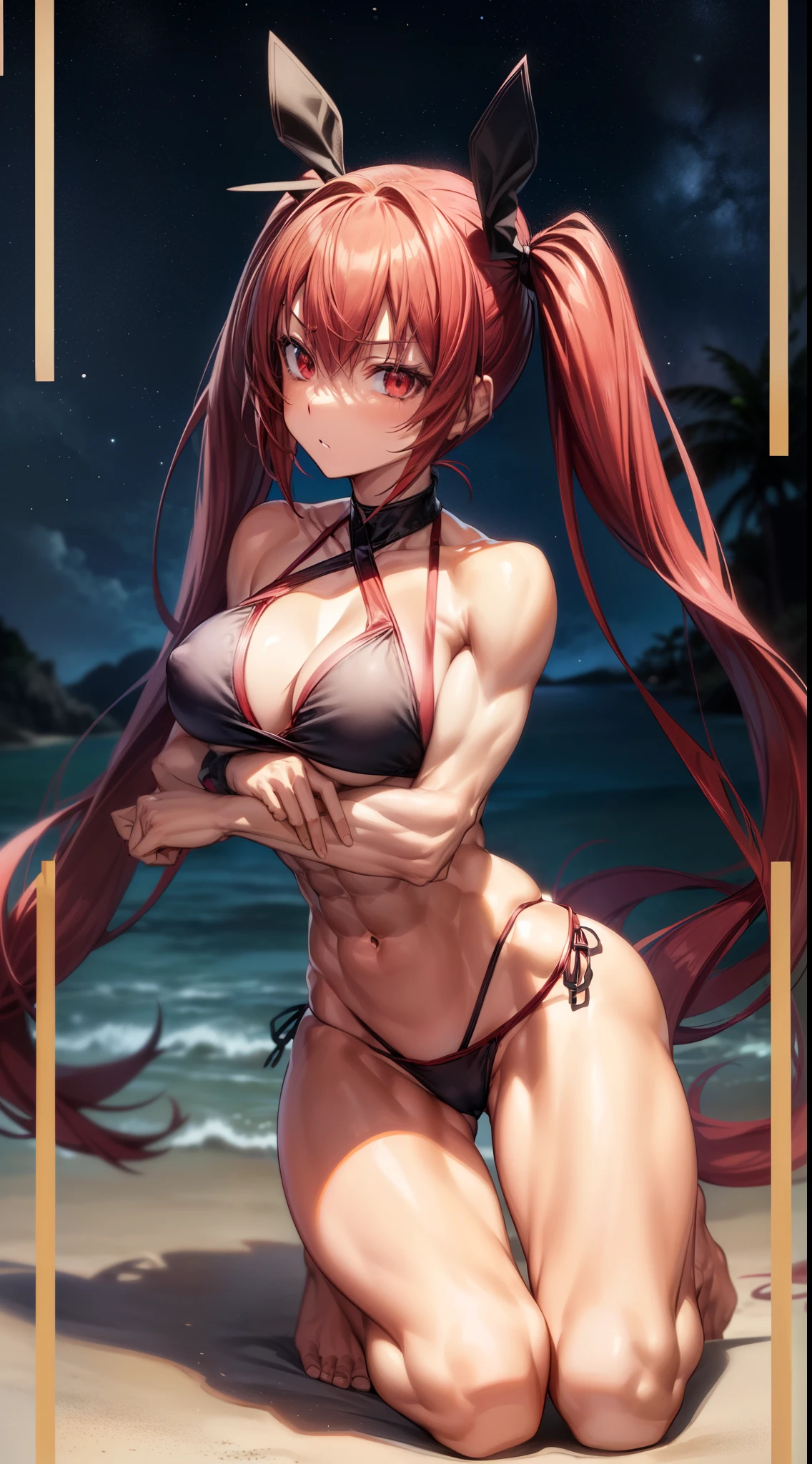 1 girl, (medium breasts))), (((wearing short bikini))), (((long red hair))), (((red eyes))), thin arms, (on the beach at night with starry sky and full moon blood), (slim waist), (((muscular legs))), muscular belly, bare feet, (Stand up)(((showing your big ass to me))), (full body photo ), (red eyes, (((twintails))), Long Eyes, reflex eye, bad mood, anime, anime style, ray tracing, shine, drop shadow, panorama, Sony FE, 8k, UDisk, master piece, Accurate, Anatomically Correct, Super Detail, Best Quality, Ultra High Resolution, Hard Drive, 16K