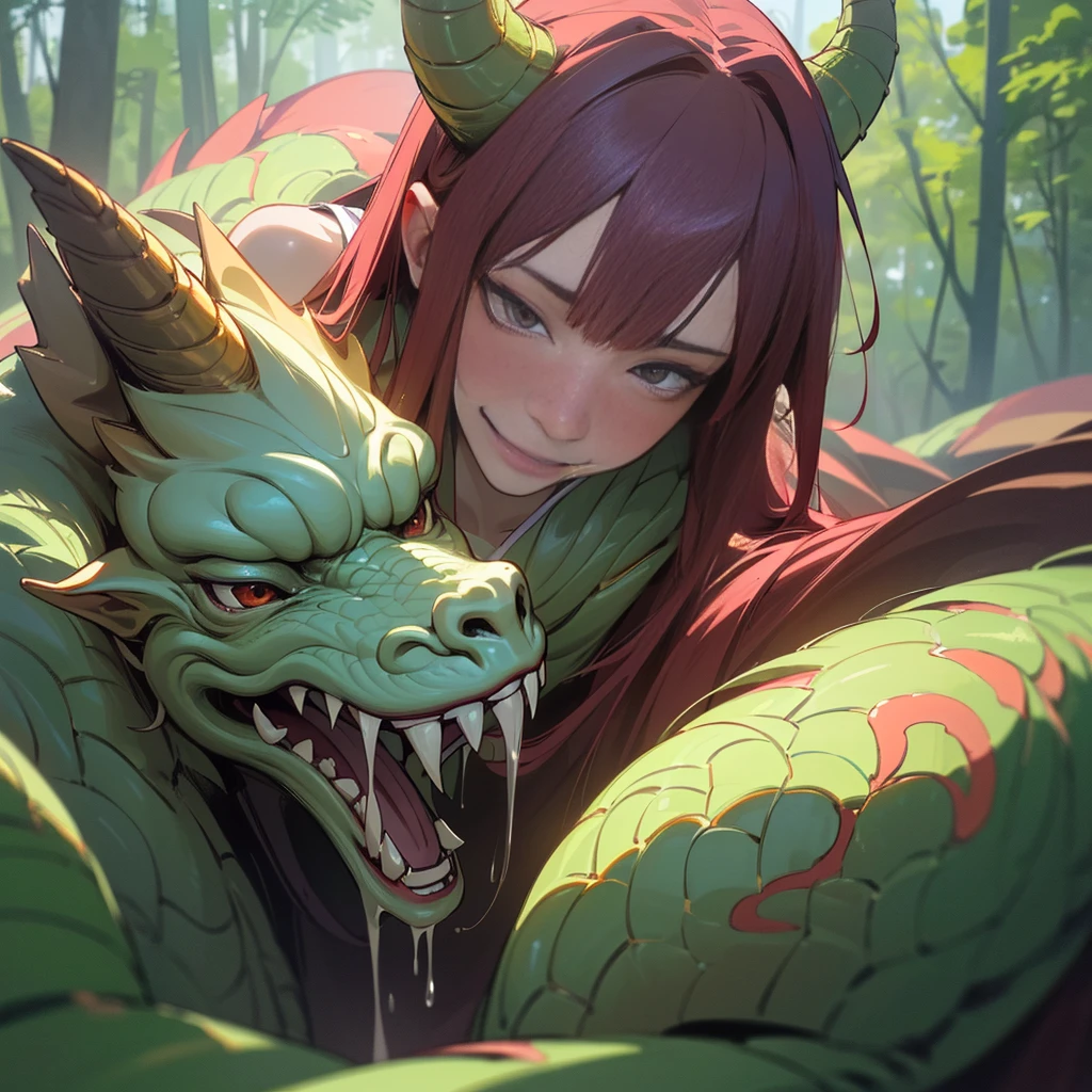 ((Highest quality)), ((masterpiece)), (detailed), （Perfect Face）、The female frog monster, whose body and mind are frogs, is Yukikaze Mizuki, a frog woman with medium-long brown hair and green skin.、The woman is naked and has the body of a frog girl, with webbed limbs, a frog-like posture, and a frog-like body surface. She is a complete frog girl, and is being held from behind by a male frog monster and mating like a frog.、The woman is by the water in the forest and is mating with a male frog monster with a frog-like face, and they are mating like frogs.