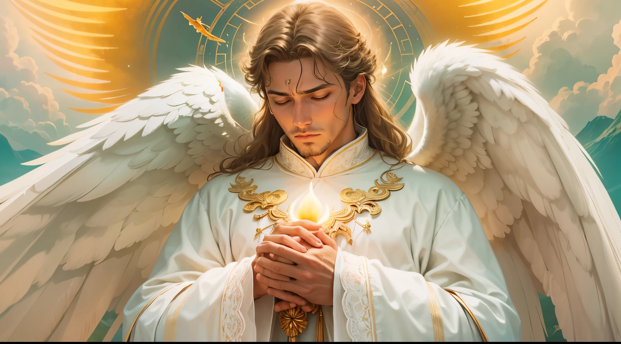 Closeup of an image of a man angel praying and blessing, arcanjo homem com asas grandes, o anjo da fortuna, perfeito, Reslistic, Biblical setting, celestial scenery, sol e nuvens ultras realistas, flores e velas, illuminated archangel of heaven, Passes em segundo plano, flores coloridas, velas acesas, roupas brancas e vermelhas