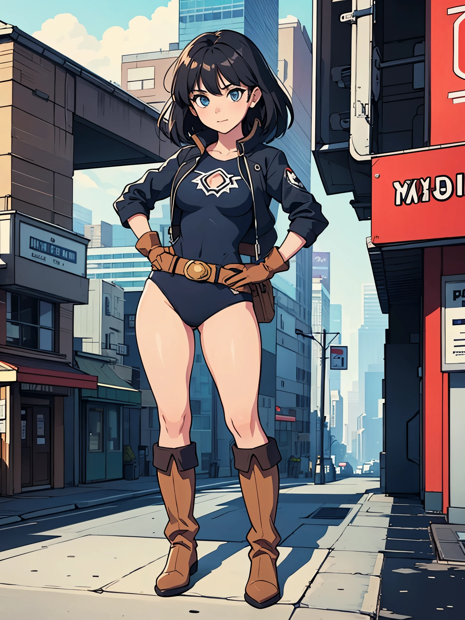 1girl, medium breasts, leotard, bare legs, tight belt, boots, matching boots, gloves, city backdrop, solo, single, hands on hip, standing, full body shot, cowboy shot, superhero, beautiful detailed eyes, mature lady, star symbol on chest, black hair