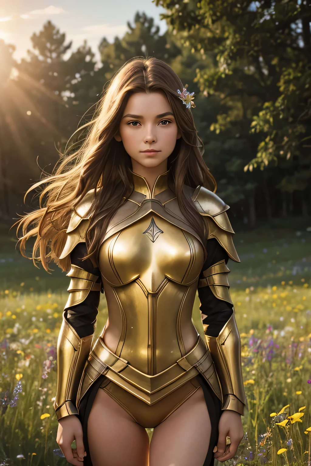 (masterpiece), (best quality), (extremely intricate), (sharp focus), (cinematic lighting), (extremely detailed), A young girl in armor, standing in a meadow of wildflowers. She has long brown hair adorned with wildflowers. Her expression is determined, and her eyes are shining with courage. The sun is shining brightly behind her, casting a golden glow over the scene, flower armor, flower bodysuit, flowers,