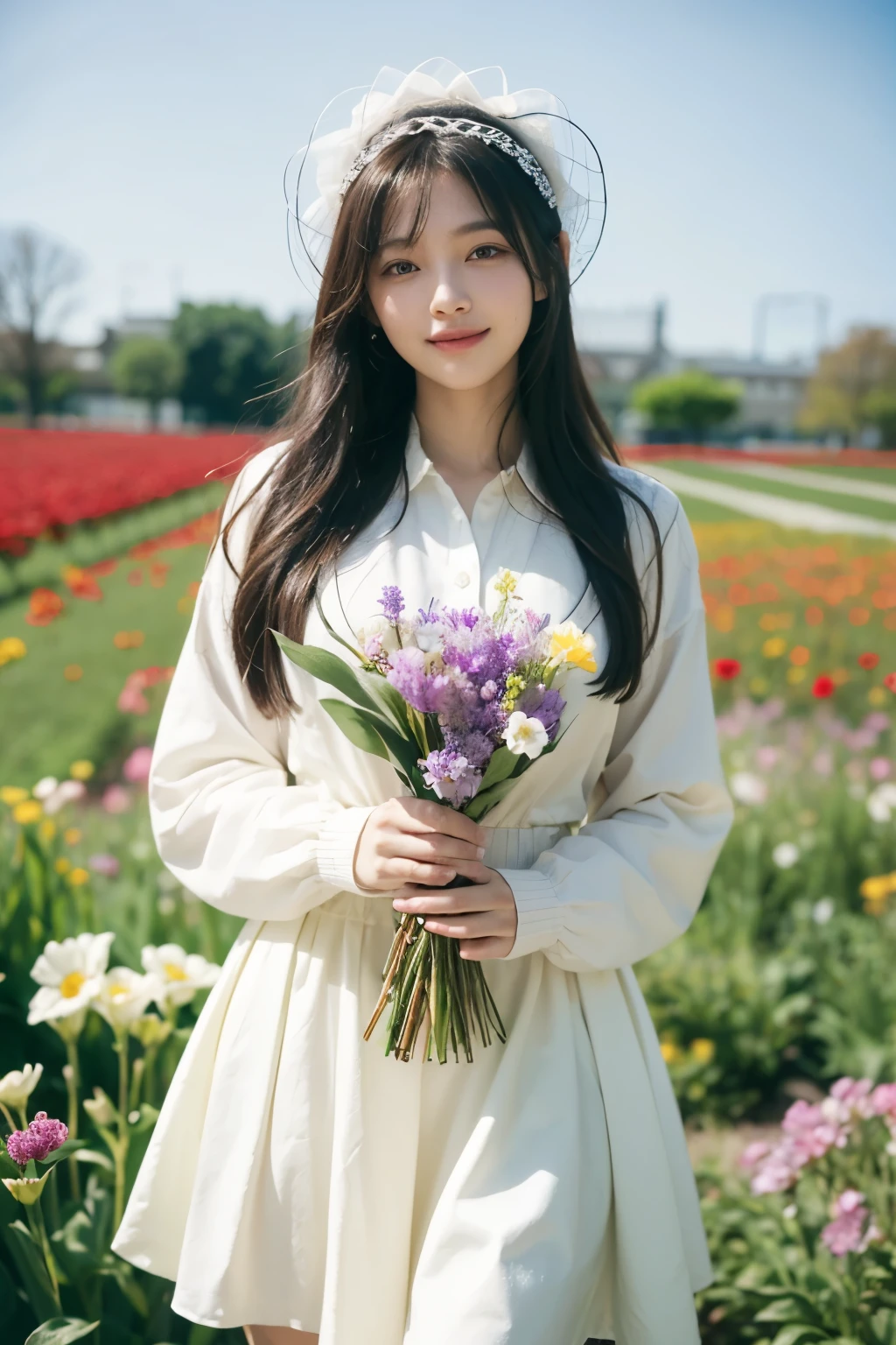 1girl in, Solo, long_hair, Smile, Bangs, Skirt, Shirt, long_sleeves, hat, Dress, Bow, holding flower, holding flower bouquet, frilld, hair_flower, flower petals, Center_frilld, bonnet, flower field, linear art, monochromes, (Best Quality, masutepiece, ​master piece, Official art, Professional, Unity 8k壁纸:1.3)