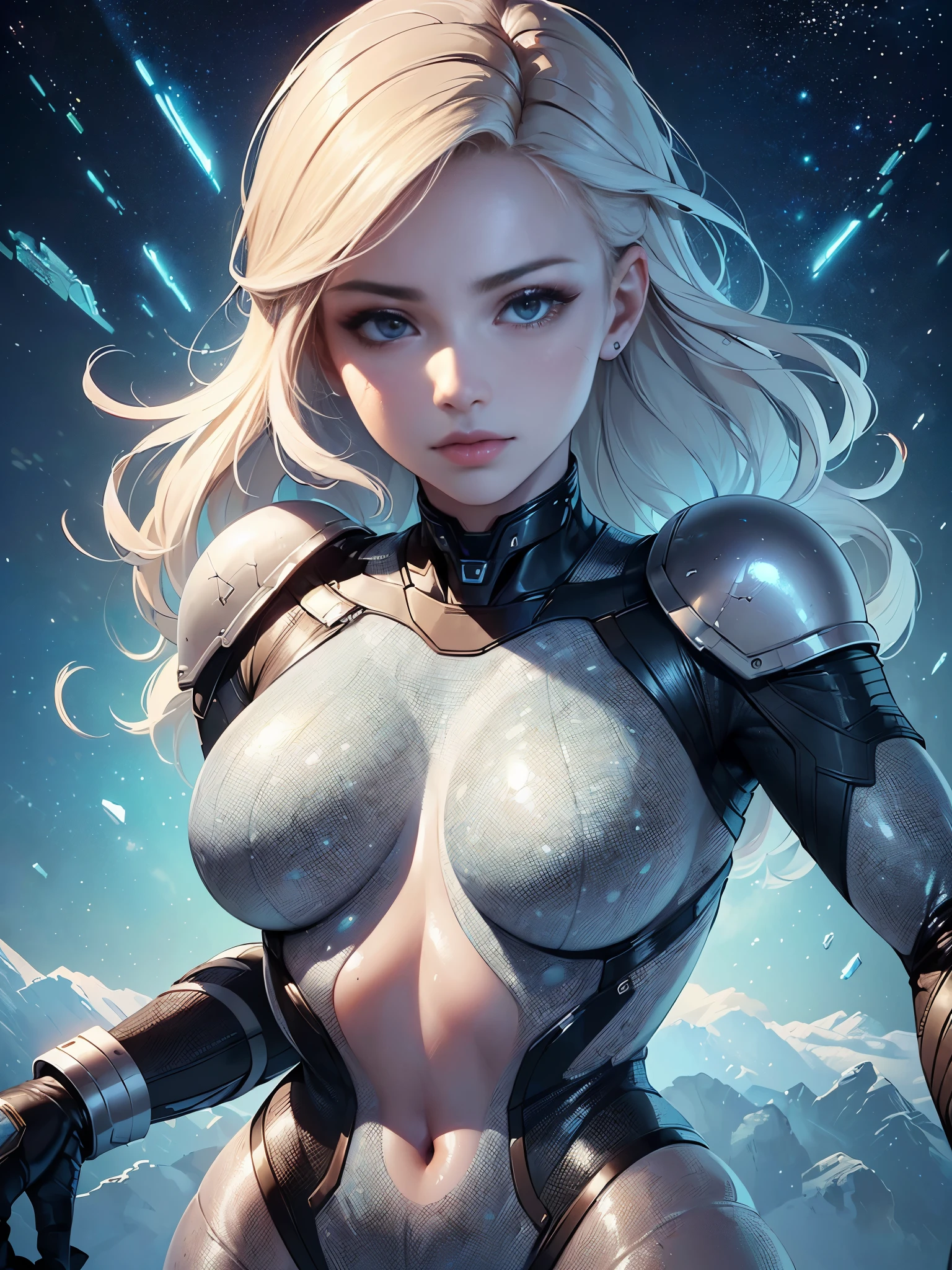 ((Quality: masterpiece, best quality, UHD, anatomically correct, photo realism, textured and detailed skin, skin pores, skin imperfections, textured and detailed hair, volumetric lighting)), space explorer woman with a sleek spacesuit, holographic interfaces, and an air of confidence