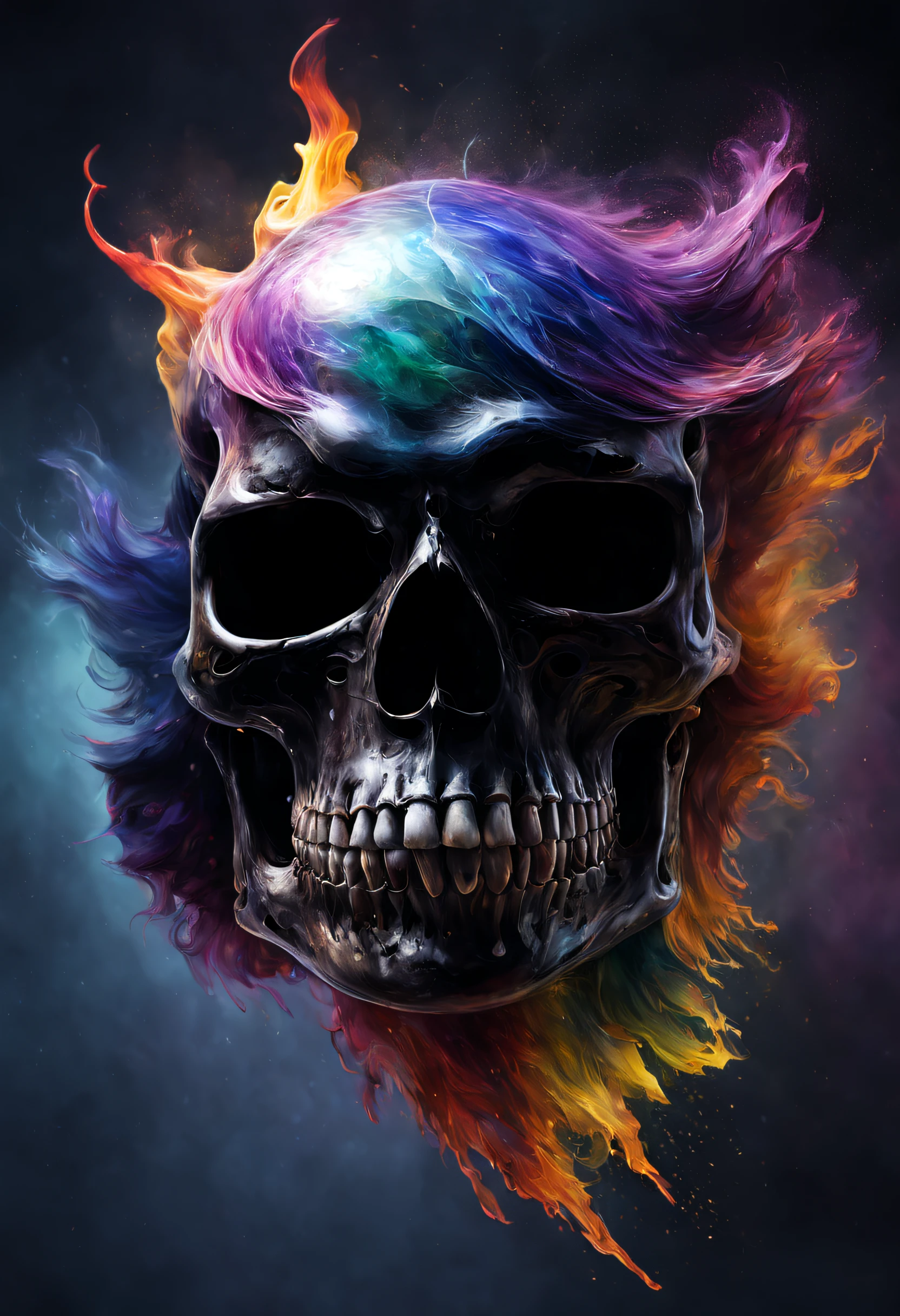 A beautiful realistic magestic darkness glassed skull with a coat made of a magnificent colored and fired wind storm, It's textured and beautiful with lot of multicolored flying dust and wather drop