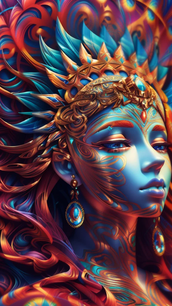 ((Alex Grey)) (wide angel lens) a close up of a woman with a colorful headdress and a feathered headpiece, (4k highly detailed digital art), detailed fantasy digital art, 4k detailed digital art, colorfull digital fantasy art, karol bak uhd, gorgeous digital art, 3d digital art 4k, 3d goddess portrait, beautiful art uhd 4k