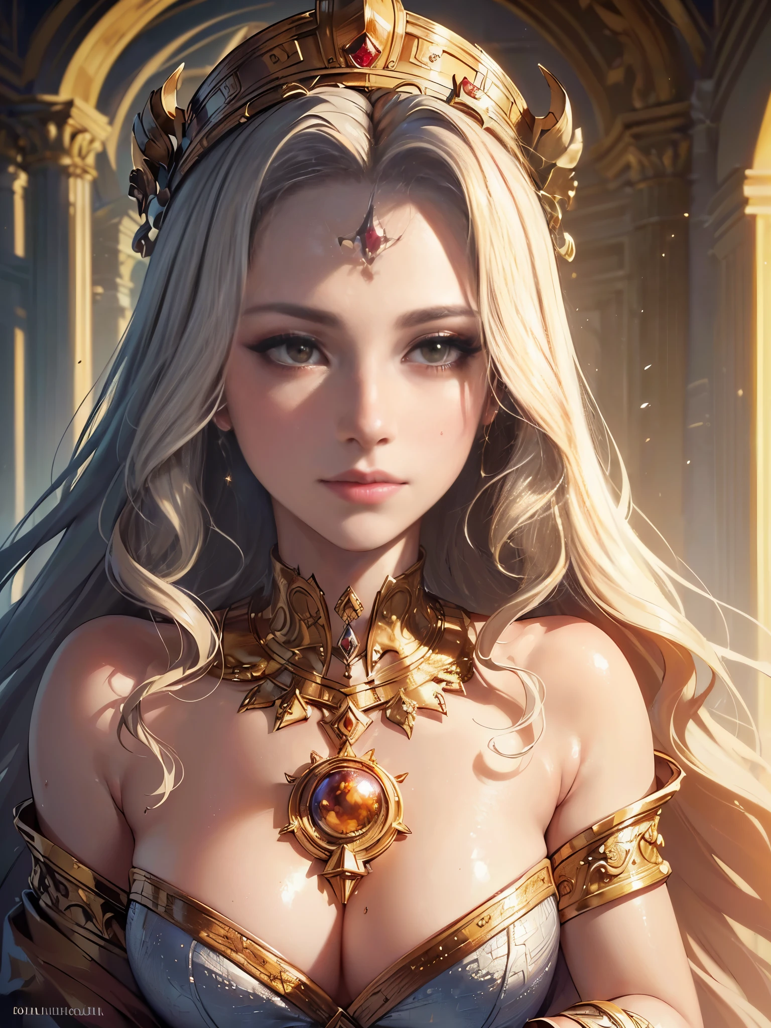 ((Quality: masterpiece, best quality, UHD, anatomically correct, photo realism, textured and detailed skin, skin pores, skin imperfections, textured and detailed hair, volumetric lighting)), roman goddess-like woman with flowing robes and a crown of celestial symbols
