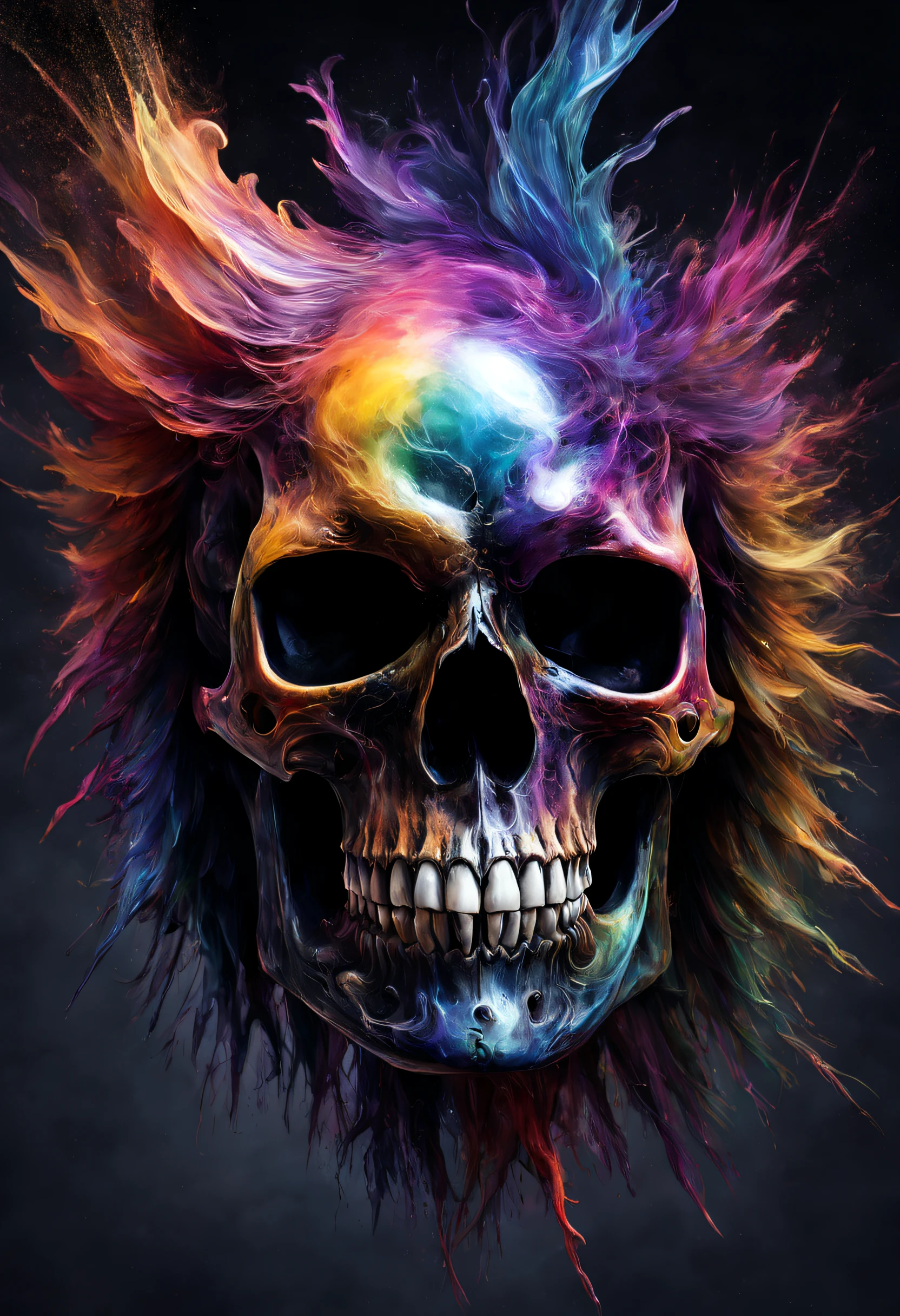 A beautiful realistic magestic darkness glassed skull with a coat made of a magnificent colored and fired wind storm, It's textured and beautiful with lot of multicolored flying dust and wather drop
