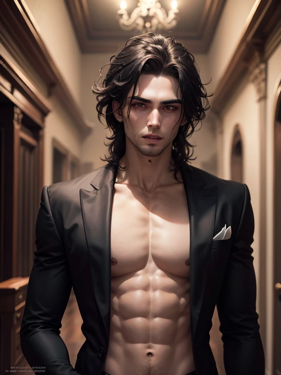 a young adult colombian man, long disheveled black hair, intense red eyes, intense red eyes, intense red eyes, intense red eyes, intense red eyes, intense red eyes, intense red eyes, pale skin, shirtless, wearing only a white towel, dramatic moody lighting, chiaroscuro lighting, cinematic, highly detailed, photorealistic, 8k, hdr, hyper realistic, exquisite details, masterpiece, (best quality,4k,8k,highres,masterpiece:1.2),ultra-detailed,(realistic,photorealistic,photo-realistic:1.37)
