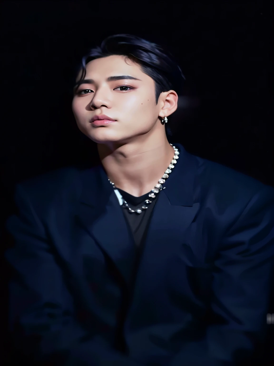 Un primer plano de una persona con traje y un collar, Cai Xukun, Hyung Tae, jungkook, inspirado por Bian Shoumin, Jinyoung Shin, Brillante por la lluvia, delicate androgynous prince, Kim Doyoung, taken in the early 2020s, Wonbin Lee, inspirado en Kun Can, beautiful androgynous prince, suave en _ Los antecedentes