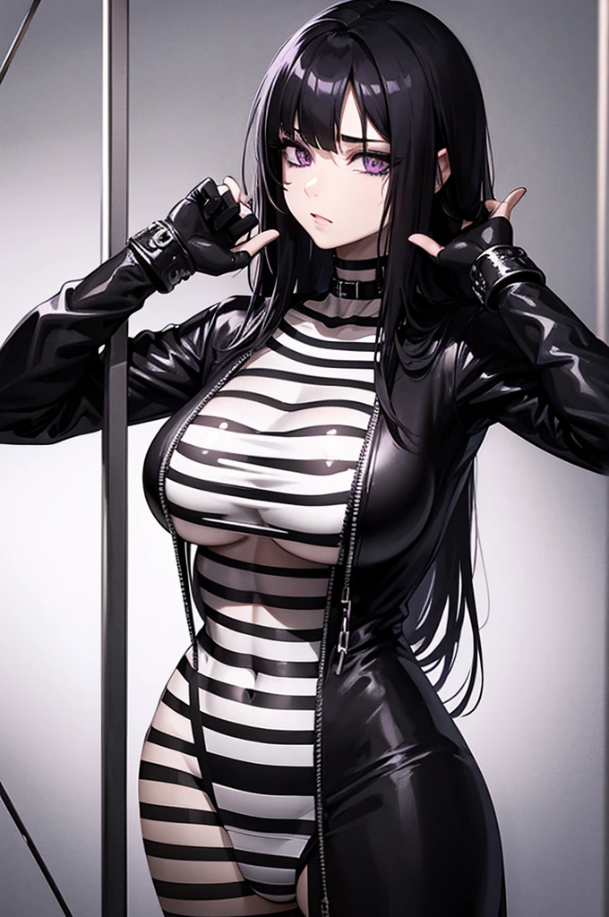 female Prisoner, Long black hair, purple eyes, big breast, metal chains on wrist, Prison bodysuit, black & white stripes, stripes white & black, Black and white strip bodysuit turned, metal handcuffs on wrist, behind bars.