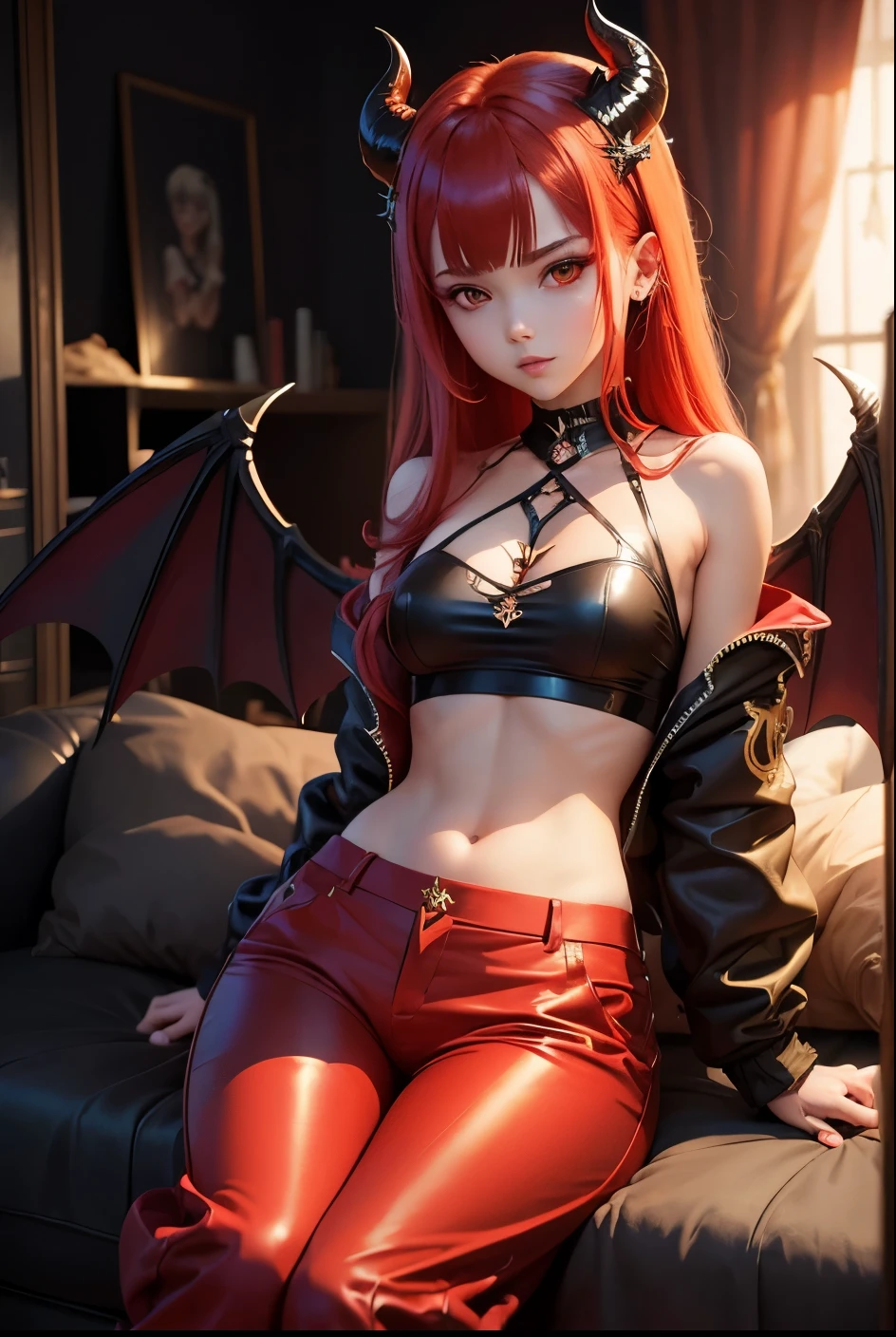 cute girl, satan, Red hair, Demon tail, Gold clothes, Black wings, baggy pants, star, Succubus, Evil, Evil cute, sexy body, sexy, sex, Wide pants