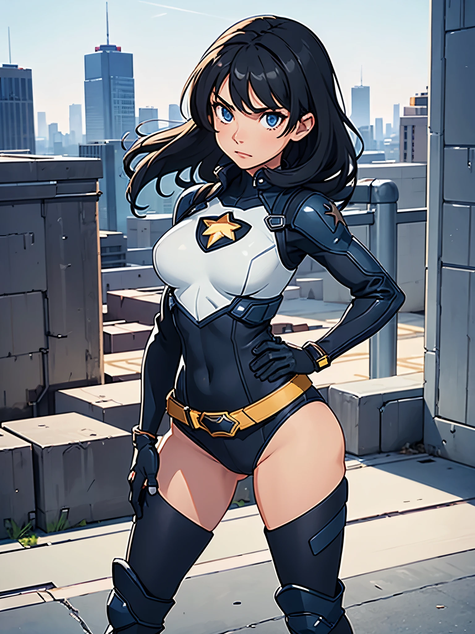 1girl, medium breasts, leotard, bare legs, tight belt, boots, matching boots, gloves, city backdrop, solo, single, hands on hip, standing, full body shot, cowboy shot, superhero, beautiful detailed eyes, mature lady, star symbol on chest, black hair, perfect anatomy