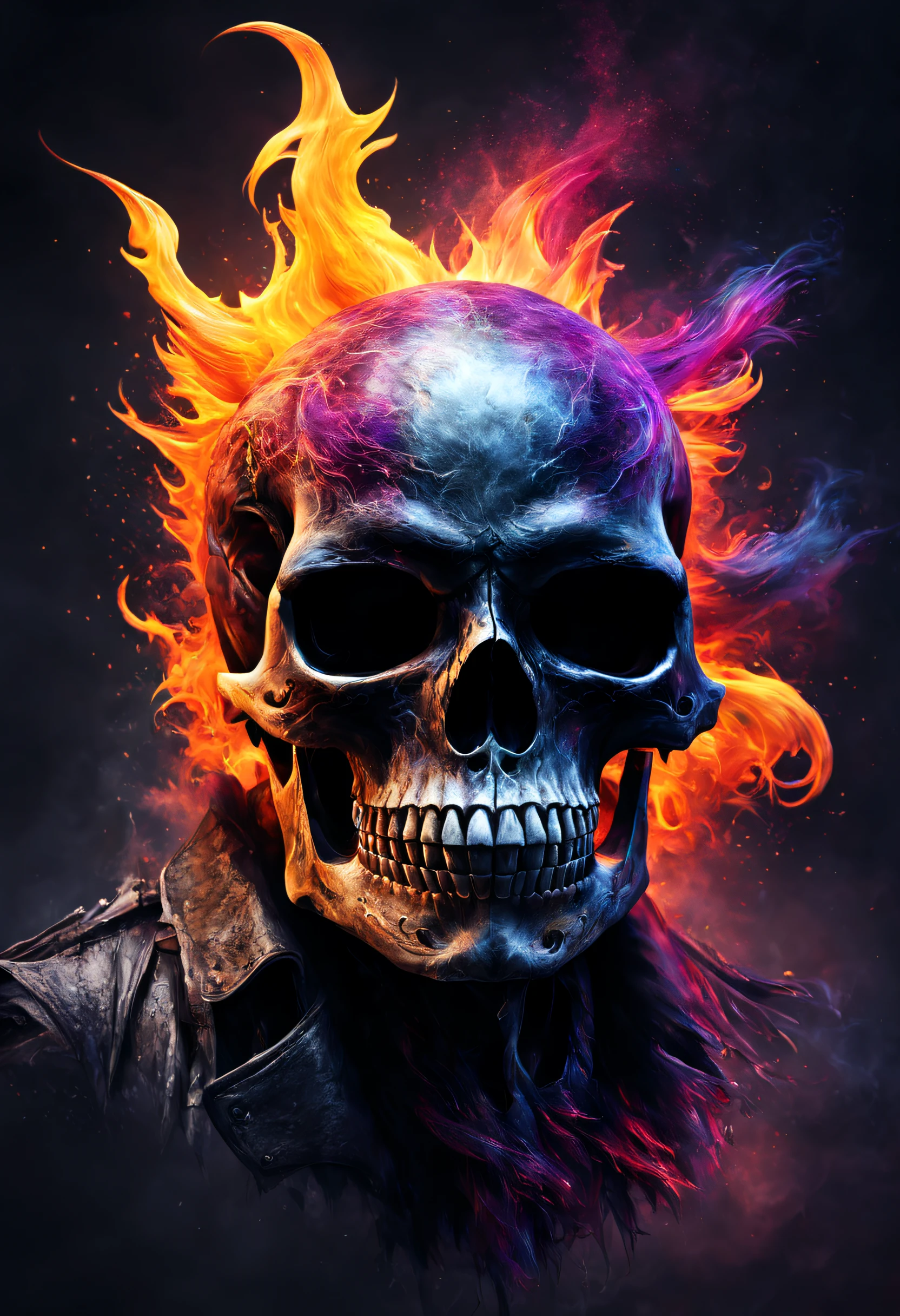 A verry beautiful, realistic and magestic darkness fired skull with a coat made of a magnificent colored and fire wind storm, It's textured and beautiful with lot of multicolored flying dust and wather drop