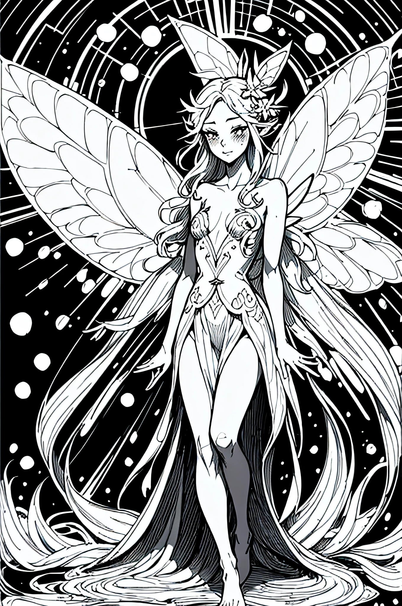 (tiny fairy:1.3), (masterpiece, black line art, black and white, coloring book style, best_quality, ultra-detailed, immaculate:1.3), epic, illustration, 1girl, full body, white skin, f/1.4 lens, bokeh, tiny Guava fairy queen, see-through gossamer, nose blush