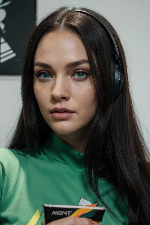 a woman with long black hair and green eyes gaming and playing at a PlayStation eating chips wearing headset in cute Onezie, with green eyes, with stunning green eyes, keine Falten, Modelgesicht wie Megan Fox, big lips, Ultrarealistische digitale Malerei, Hyperrealistische digitale Malerei, Ultrarealistische digitale Kunst, Hyperrealistische digitale Malerei, Ultrarealistische digitale Kunst, with deep green eyes, Ultrarealistische digitale Kunst, with green eyes, Genau, ultrarealistische Gesichter, Realistische digitale Malerei, mit schwarzbraunen Haaren, definierte Gesichtsturktur, texturierte Haut, spitzes Kinn, hohe Wangenknochen, feine Nase, full body