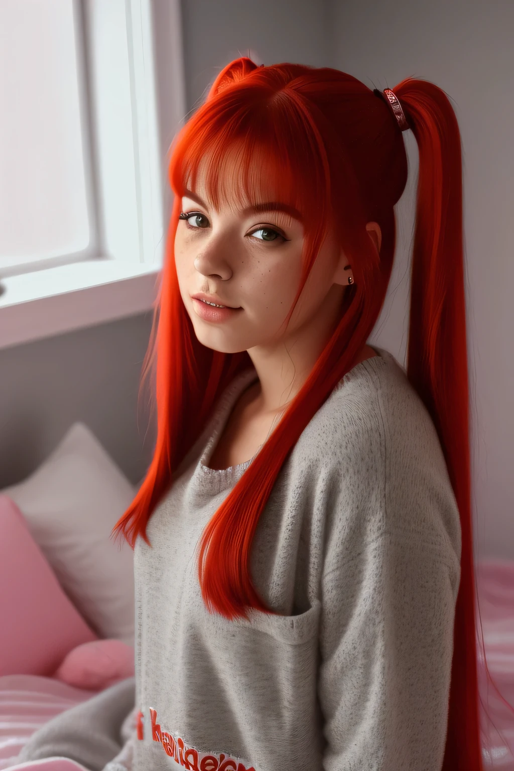 portrait photo of KariSweets, beautiful woman ,red hair, twin tails, sleeping in a bed in a kids bedroom, gray pajamaest quality) (detailed) (8k) (HDR) (wallpaper) (cinematic lighting) (sharp focus) (intricate)