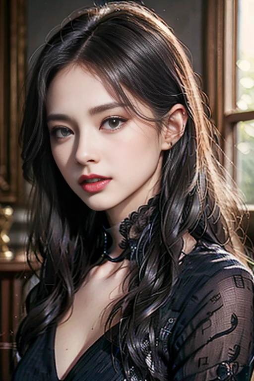Portrait of a woman with long hair and black shirt, Digital Illustration Portrait, Im Kunststil von Bowater, Portrait of Jossi von Blackpink, digital portrait, Portrait of digital art, Realismus Kunststil, high quality portrait, 🤤 Mädchenporträt, Realistischer Kunststil, # 1 digitale Malerei aller Zeiten, #1 digitale Malerei aller Zeiten, glossy digital painting