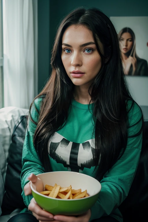 a woman with long black hair and green eyes gaming and playing at a PlayStation eating chips wearing headset in cute Onezie, with green eyes, with stunning green eyes, keine Falten, Modelgesicht wie Megan Fox, big lips, Ultrarealistische digitale Malerei, Hyperrealistische digitale Malerei, Ultrarealistische digitale Kunst, Hyperrealistische digitale Malerei, Ultrarealistische digitale Kunst, with deep green eyes, Ultrarealistische digitale Kunst, with green eyes, Genau, ultrarealistische Gesichter, Realistische digitale Malerei, mit schwarzbraunen Haaren, definierte Gesichtsturktur, texturierte Haut, spitzes Kinn, hohe Wangenknochen, feine Nase, full body