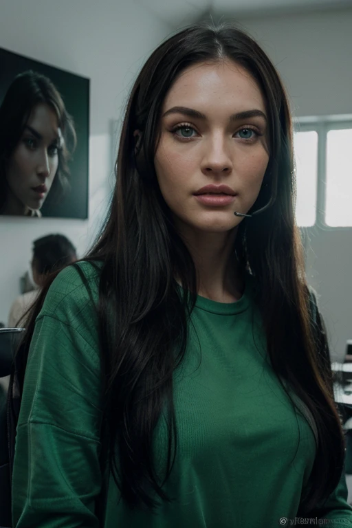 a woman with long black hair and green eyes gaming and playing at a PlayStation eating chips wearing headset in cute Onezie, with green eyes, with stunning green eyes, keine Falten, Modelgesicht wie Megan Fox, big lips, Ultrarealistische digitale Malerei, Hyperrealistische digitale Malerei, Ultrarealistische digitale Kunst, Hyperrealistische digitale Malerei, Ultrarealistische digitale Kunst, with deep green eyes, Ultrarealistische digitale Kunst, with green eyes, Genau, ultrarealistische Gesichter, Realistische digitale Malerei, mit schwarzbraunen Haaren, definierte Gesichtsturktur, texturierte Haut, spitzes Kinn, hohe Wangenknochen, feine Nase, full body