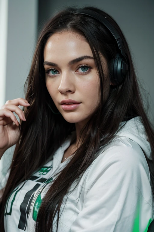 a woman with long black hair and green eyes gaming and playing at a PlayStation eating chips wearing headset in cute Onezie, with green eyes, with stunning green eyes, keine Falten, Modelgesicht wie Megan Fox, big lips, Ultrarealistische digitale Malerei, Hyperrealistische digitale Malerei, Ultrarealistische digitale Kunst, Hyperrealistische digitale Malerei, Ultrarealistische digitale Kunst, with deep green eyes, Ultrarealistische digitale Kunst, with green eyes, Genau, ultrarealistische Gesichter, Realistische digitale Malerei, mit schwarzbraunen Haaren, definierte Gesichtsturktur, texturierte Haut, spitzes Kinn, hohe Wangenknochen, feine Nase, full body