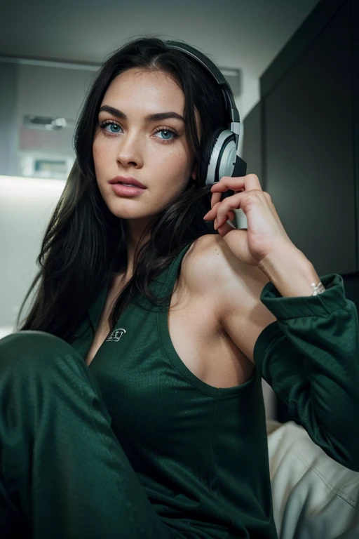 a woman with long black hair and green eyes gaming and playing at a PlayStation eating chips wearing headset in cute Onezie, with green eyes, with stunning green eyes, keine Falten, Modelgesicht wie Megan Fox, big lips, Ultrarealistische digitale Malerei, Hyperrealistische digitale Malerei, Ultrarealistische digitale Kunst, Hyperrealistische digitale Malerei, Ultrarealistische digitale Kunst, with deep green eyes, Ultrarealistische digitale Kunst, with green eyes, Genau, ultrarealistische Gesichter, Realistische digitale Malerei, mit schwarzbraunen Haaren, definierte Gesichtsturktur, texturierte Haut, spitzes Kinn, hohe Wangenknochen, feine Nase, full body