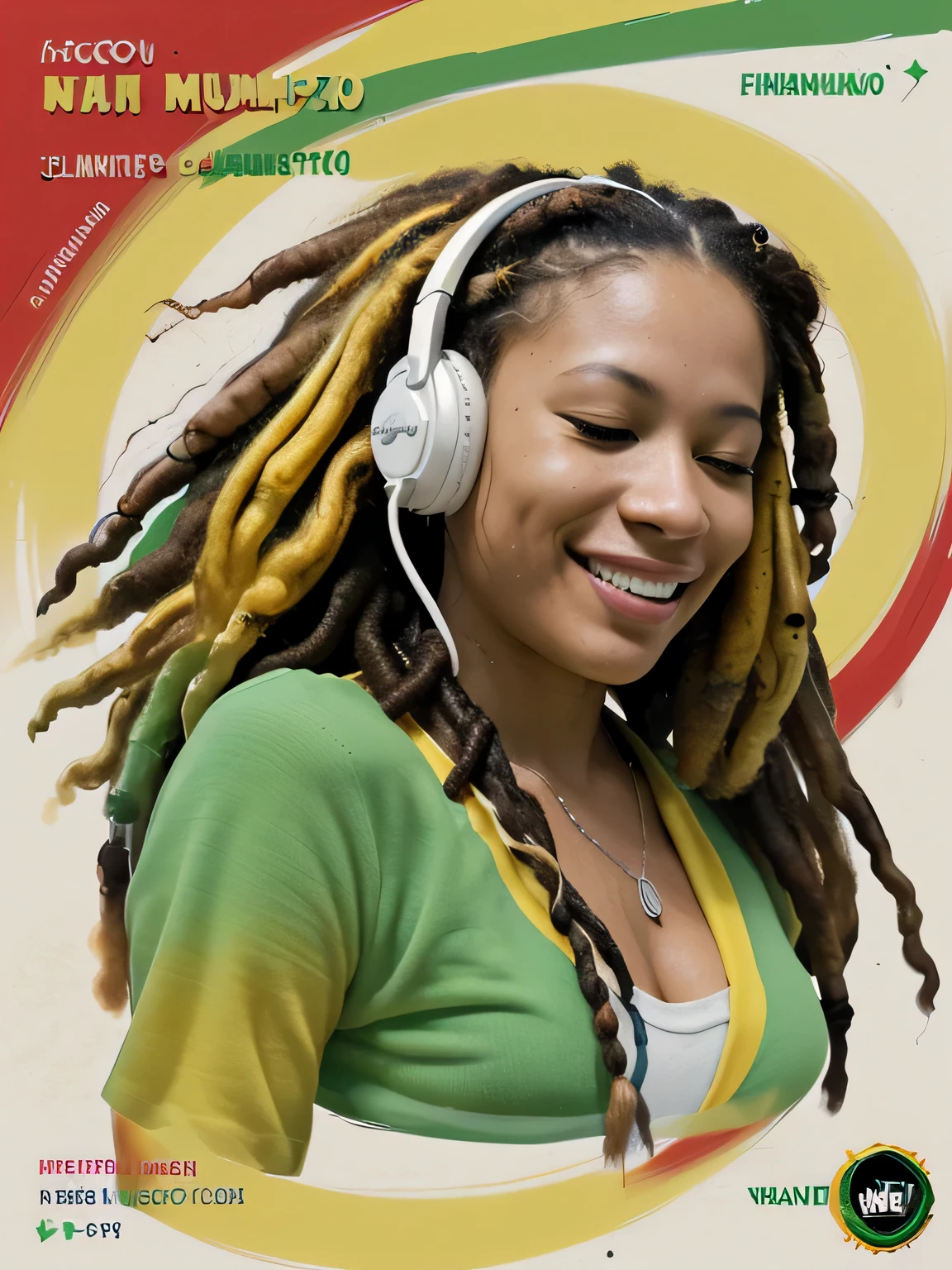 ((fundo branco panfleto resumo)), (reggae flyer illustration), Brazilian woman with dreads listening to music with headphones and eyes closed smiling, cores vibrantes, realista, detalhes nas cores do reggae, vermelho, amarelo, verde, portanto
