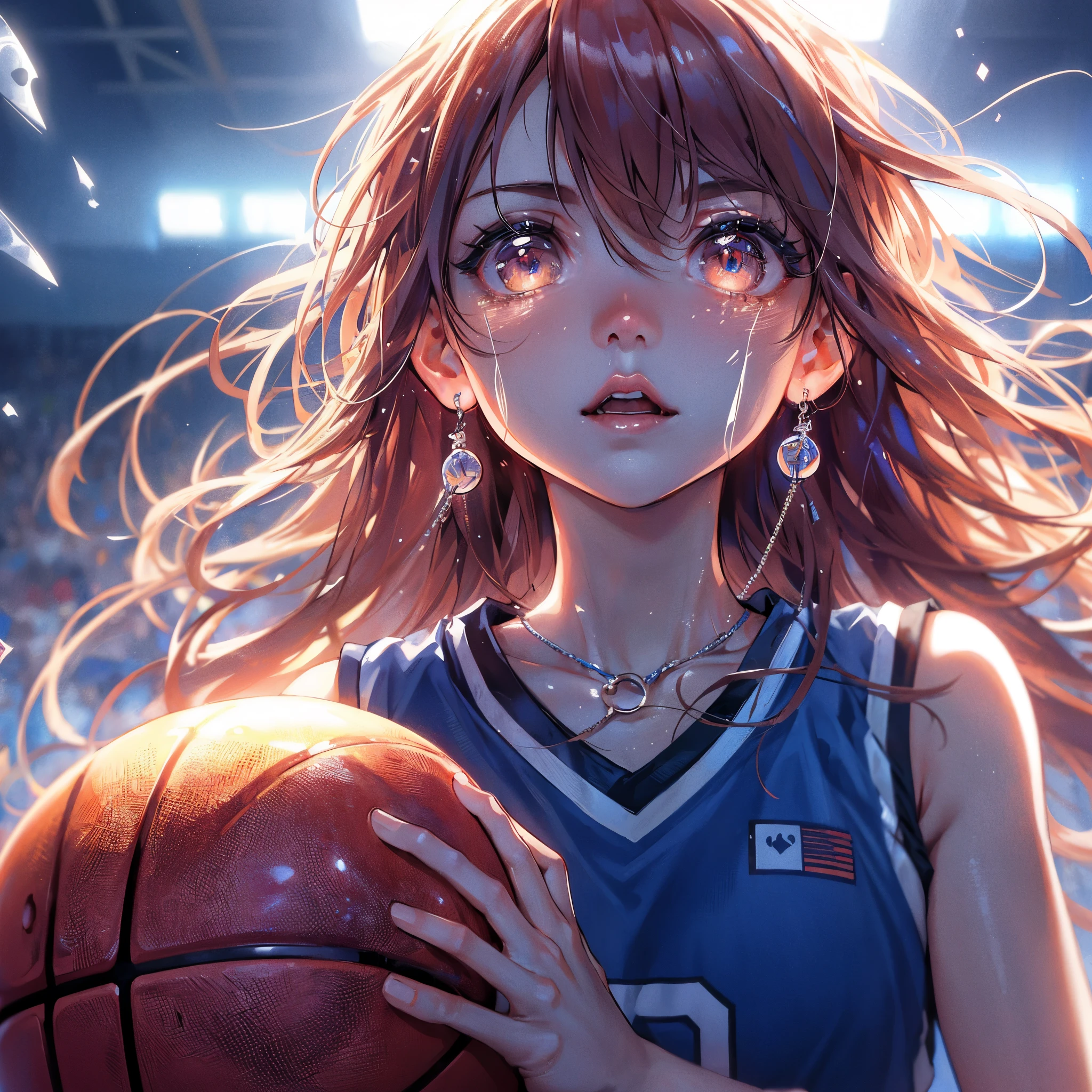 (Best Quality, masutepiece),ultra detailed photographic,1girl in, female basketball athlete ,Large breasts,nice legs,At the basketball venue,Detailed beautiful face,Beautiful eyes,detailed hairs,detailed clothes,Detailed realistic skin,Cool,Dynamic Angle,
