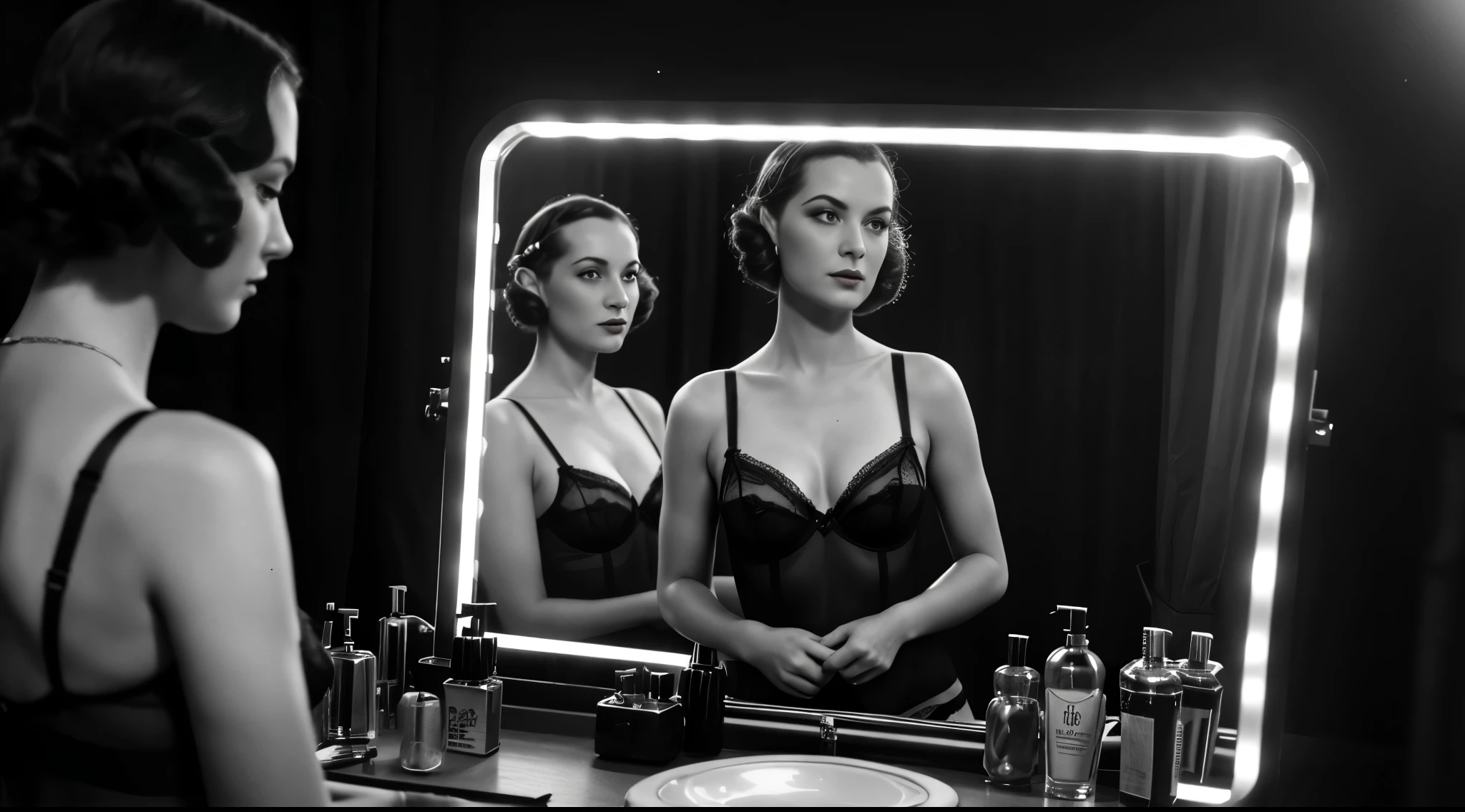 Masterpiece, photorealistic, 1930's Journalism photography, medium shot of a woman wearing black lingerie, looking at herself in the make up mirror, she is reflecting in the mirror, in the backstage of Can Can club