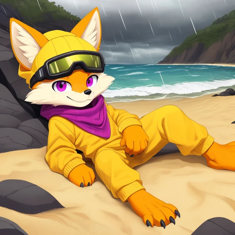 (A character), (fox with yellow fur and white chest), (under muzzle is white), (yellow fur), (white tail tip), (wearing a magenta sweater), (light blue scarf), (yellow jockey hat with orange visor), (orange visor), (magenta eyes), (slim and fit body), (apparently slim but strong appearance), (relaxed expression), (male), (medium height), (solitary), (white eyebrows), (4 toes on his paws), (5 toes on his hands), (magenta eyes), fluffy, (fluffy fur), (goggles), (black crystal goggles), (yellow paws), (background beach), (beach), (rocks in the sand), rocks, (his sweater covers his crotch), (yellow tail with white tips), (his paws and hands are yellow), (black paws), (claws), (golden fur), (golden yellow fur), (black pawpads), kerchief, (lying), (cloudy), (cloudy day), (cloudy day at the beach), (rain), (rain at the beach), (rain at the beach), (yellow cap), (yellow cap with orange visor), young, (white eyebrows), (thick eyebrows), (claws on their toes), (claws on their fingers), (short claws), short, (medium height), (lying down), downpour, solo