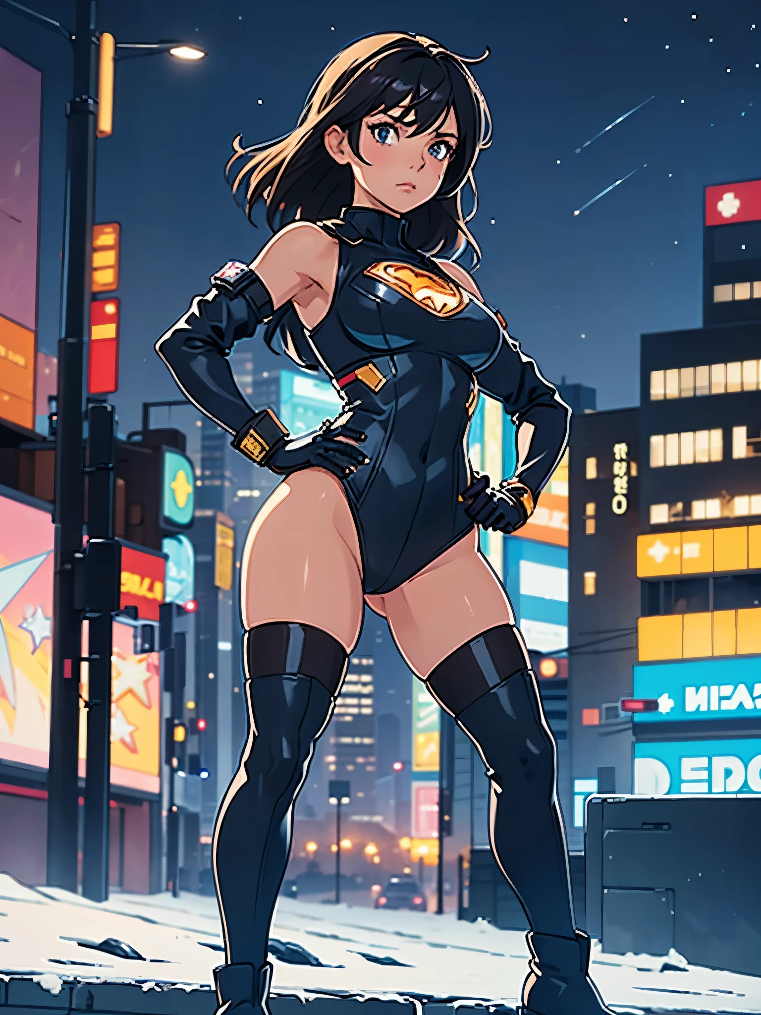 1girl, medium breasts, leotard, bare legs, tight belt, boots, matching boots, gloves, city backdrop, solo, single, hands on hip, standing, full body shot, cowboy shot, superhero, beautiful detailed eyes, mature lady, star symbol on chest, black hair, perfect anatomy, high cut