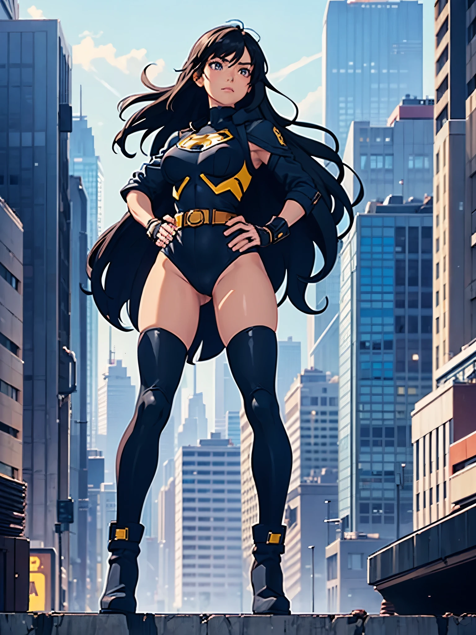 1girl, medium breasts, leotard, bare legs, tight belt, boots, matching boots, gloves, city backdrop, solo, single, hands on hip, standing, full body shot, cowboy shot, superhero, beautiful detailed eyes, mature lady, star symbol on chest, black hair, perfect anatomy, high cut