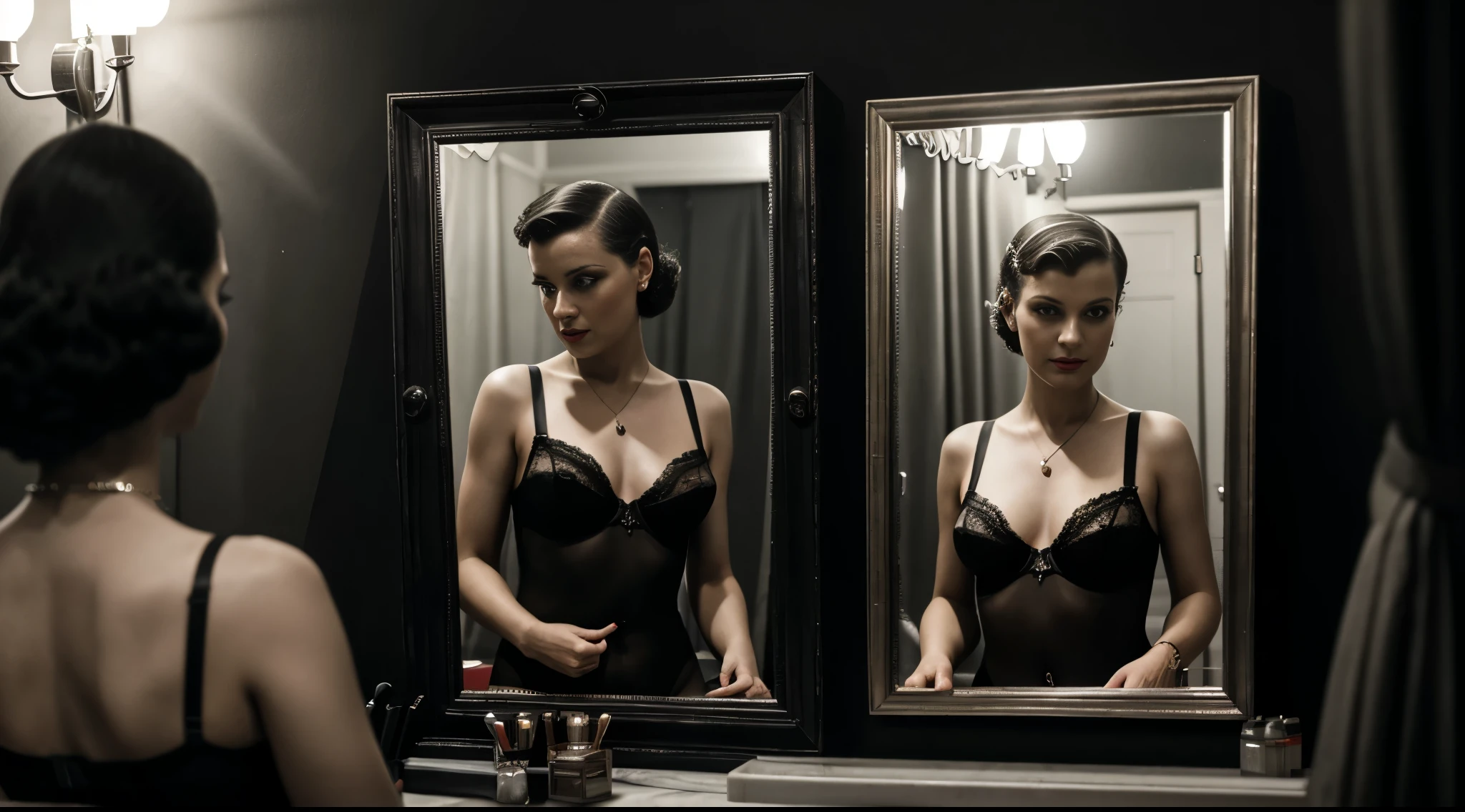 Masterpiece, photorealistic, 1930's Journalism photography, medium shot of a woman wearing black lingerie, looking at herself in the make up mirror, she is reflecting in the mirror, in the backstage of Can Can club