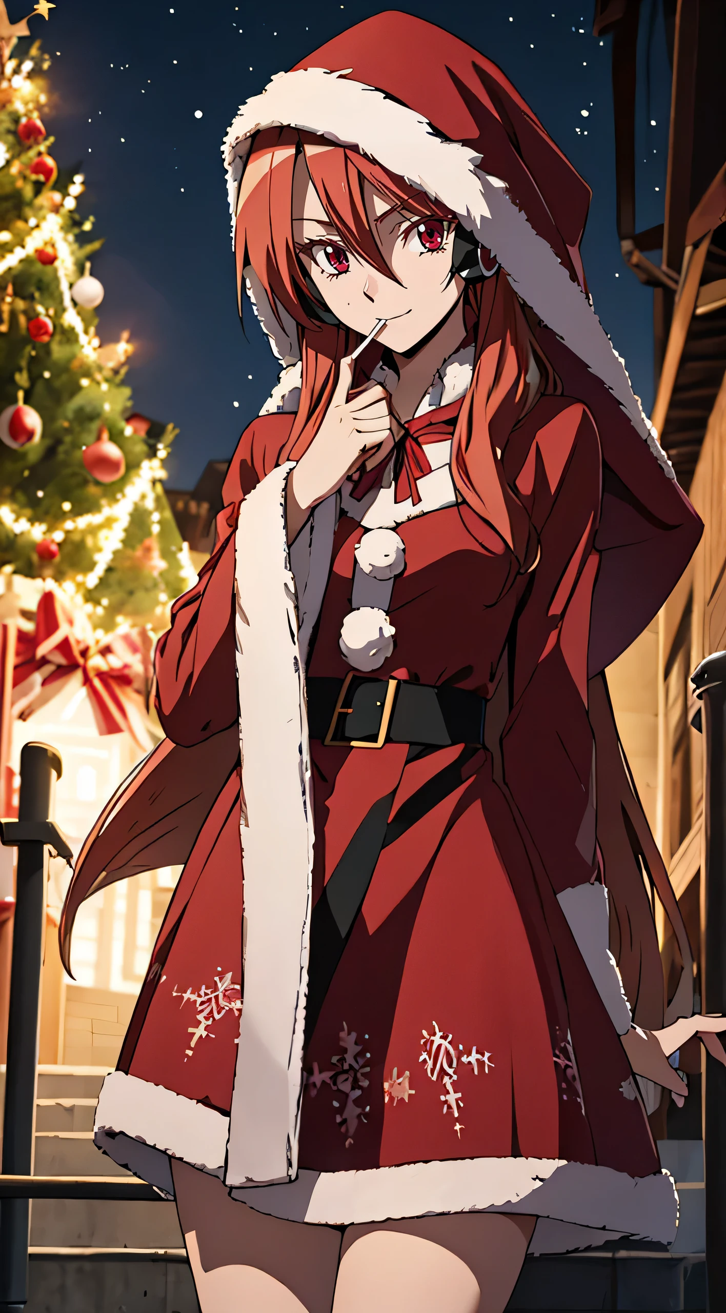 Chelsea de akame ga kill, cinta, La mejor calidad, alta calidad, Mirando al espectador, 1 mujer, Manos perfectas, 23 years old woman, ojos rojos, Obra maestra, Vestido de Navidad (santa claus) con capucha que cubre la cabeza, Cabello largo , solo, piruleta con un palillo blanco en la boca, auriculares con una exis en el medio, fondo de una ciudad de noche