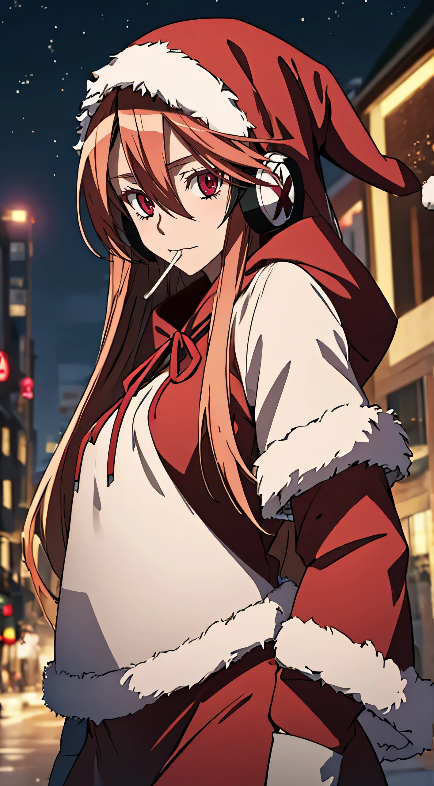 Chelsea de akame ga kill, cinta, La mejor calidad, alta calidad, Mirando al espectador, 1 mujer, Manos perfectas, 23 years old woman, ojos rojos, Obra maestra, Vestido de Navidad (santa claus) con capucha que cubre la cabeza, Cabello largo , solo, piruleta con un palillo blanco en la boca, auriculares con una exis en el medio, fondo de una ciudad de noche