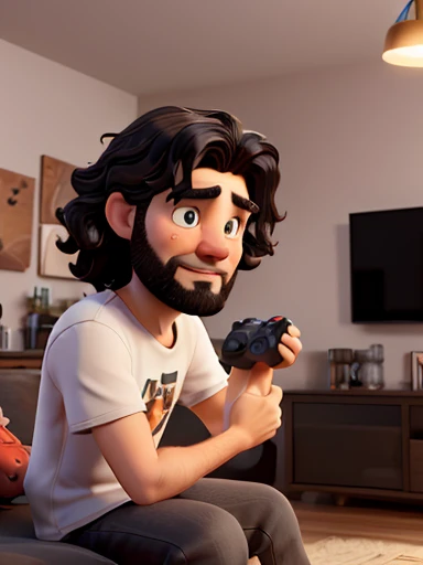 (best quality, real time lighting),(man:1.1,white,33 years old),(black wavy hair,shoulder length),(beard),(playing video game,game controller),(in living room:on the couch),(sleeping cats)