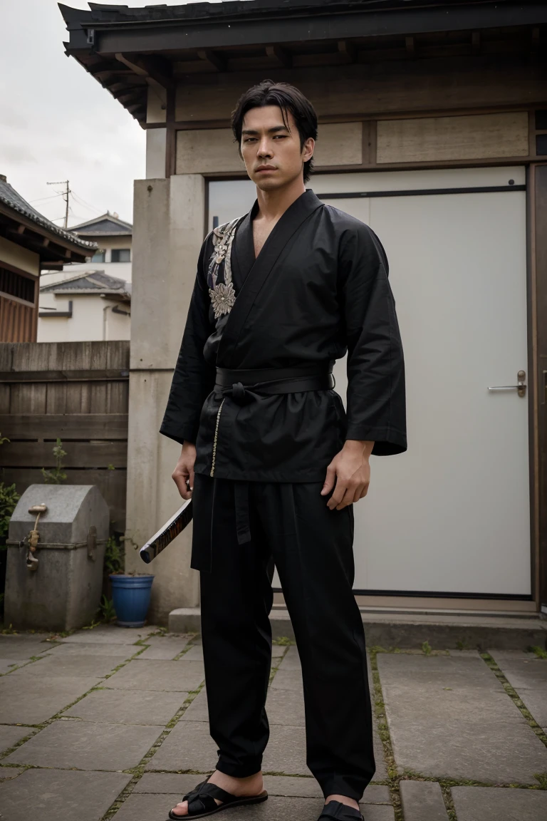 1man, Solo, 25 years old man, European samurai, short black hair, kimono, with katana, standing outside,in front of dojo photography,RAW Photography, 8k, , Masterpiece, Full Body Shooting, Top Quality, Fine Pore, Realistic, Photorealistic, Ultra Detailed