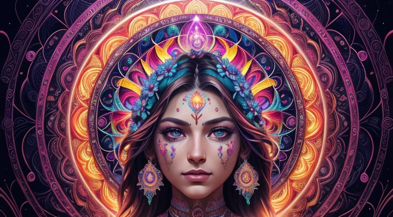 ((Chakras)) (Alex Grey) (View from above) (Hindu chakras)a painting of a woman with a face made of flowers, intricate digital painting, karol bak uhd, digital painting | intricate, dan mumford and alex grey style, anna dittman, psychedelic goddess, airbrush digital art, hyper detailed visionary art, hyper - detailed visionary art, vibrant digital painting, 4k highly detailed digital art, ((psychedelic)) (Best Quality) (Trippy), (Mandalas) psychedelic dream, DMT vision, DMT trip, LSD, psychedelic patterns, (Vibrant) prismatic colors, vivid colors, flowing, mixing, HDR,4K, dream like, Anticrepuscular Rays, Goddess, (Fractals)