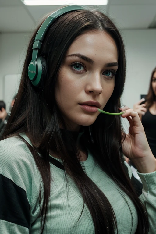 a woman with long black hair and green eyes gaming and playing at a PlayStation eating chips wearing headset in cute Onezie, with green eyes, with stunning green eyes, keine Falten, Modelgesicht wie Megan Fox, big lips, Ultrarealistische digitale Malerei, Hyperrealistische digitale Malerei, Ultrarealistische digitale Kunst, Hyperrealistische digitale Malerei, Ultrarealistische digitale Kunst, with deep green eyes, Ultrarealistische digitale Kunst, with green eyes, Genau, ultrarealistische Gesichter, Realistische digitale Malerei, mit schwarzbraunen Haaren, definierte Gesichtsturktur, texturierte Haut, spitzes Kinn, hohe Wangenknochen, feine Nase, full body