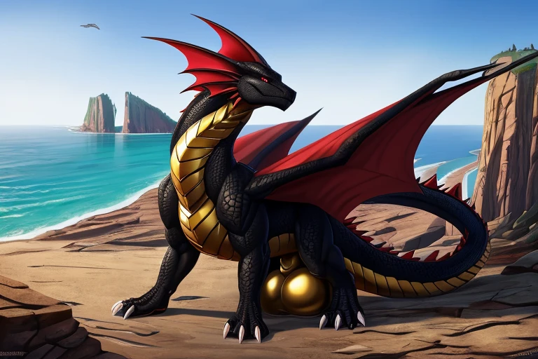 male black dragon with wings and a spiked red penis on a deserted beach
