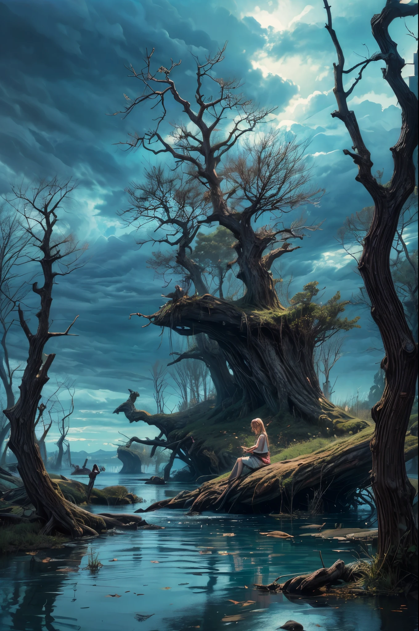 ((Enchanting)) pond setting, girl in a serene kneel, ((dynamic cloudscape)), ((twisted gnarly tree trunk)), ((soft natural lighting)), digital art, ((vivid color palette)), best quality