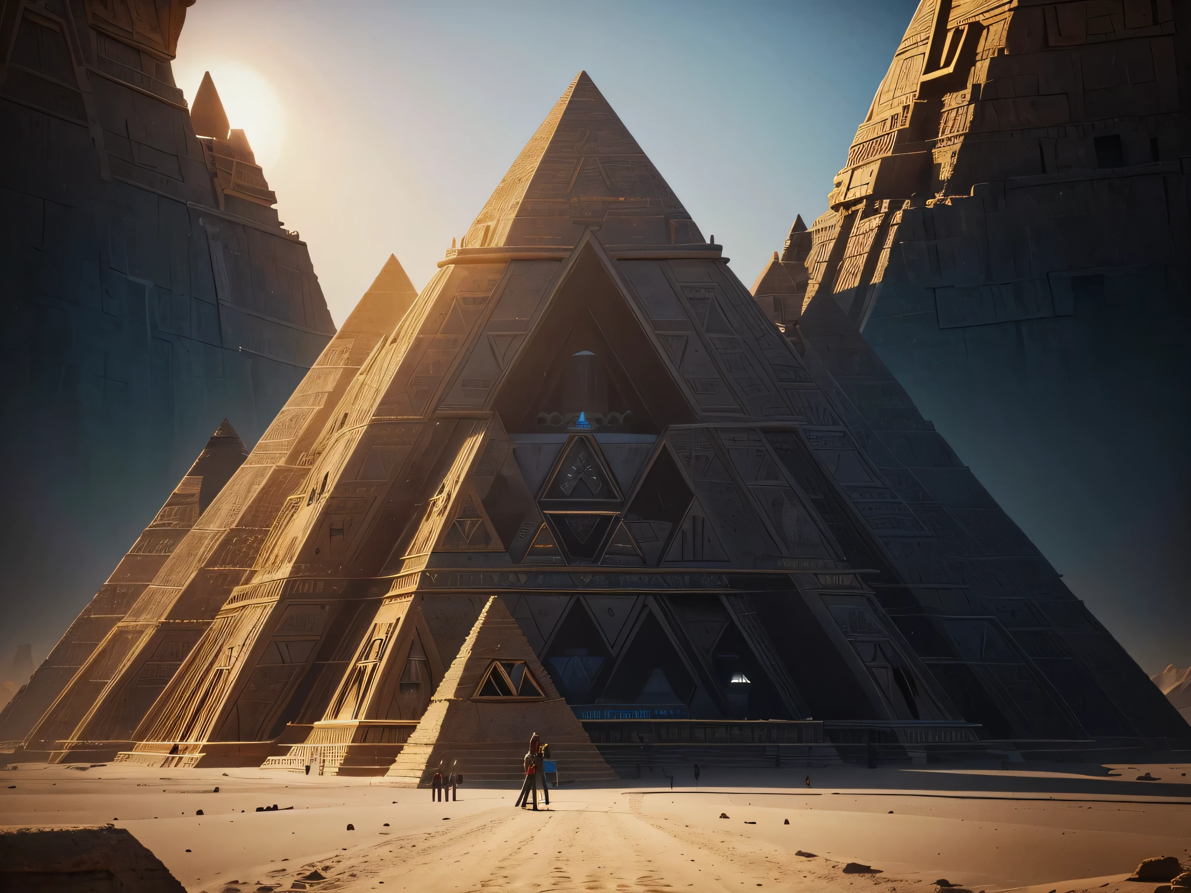 there is a woman standing in front of a pyramid with a pyramid in the background, ancient megastructure pyramid, pyramid portal, giant aztec spaceship, giant aztec space city, interplanetary cathedral, exterior of scifi temple, dmt temple, galactic temple, dome of wonders, in a futuristic desert palace, futuristic persian palace, cosmic architecture, ancient yet futuristic
