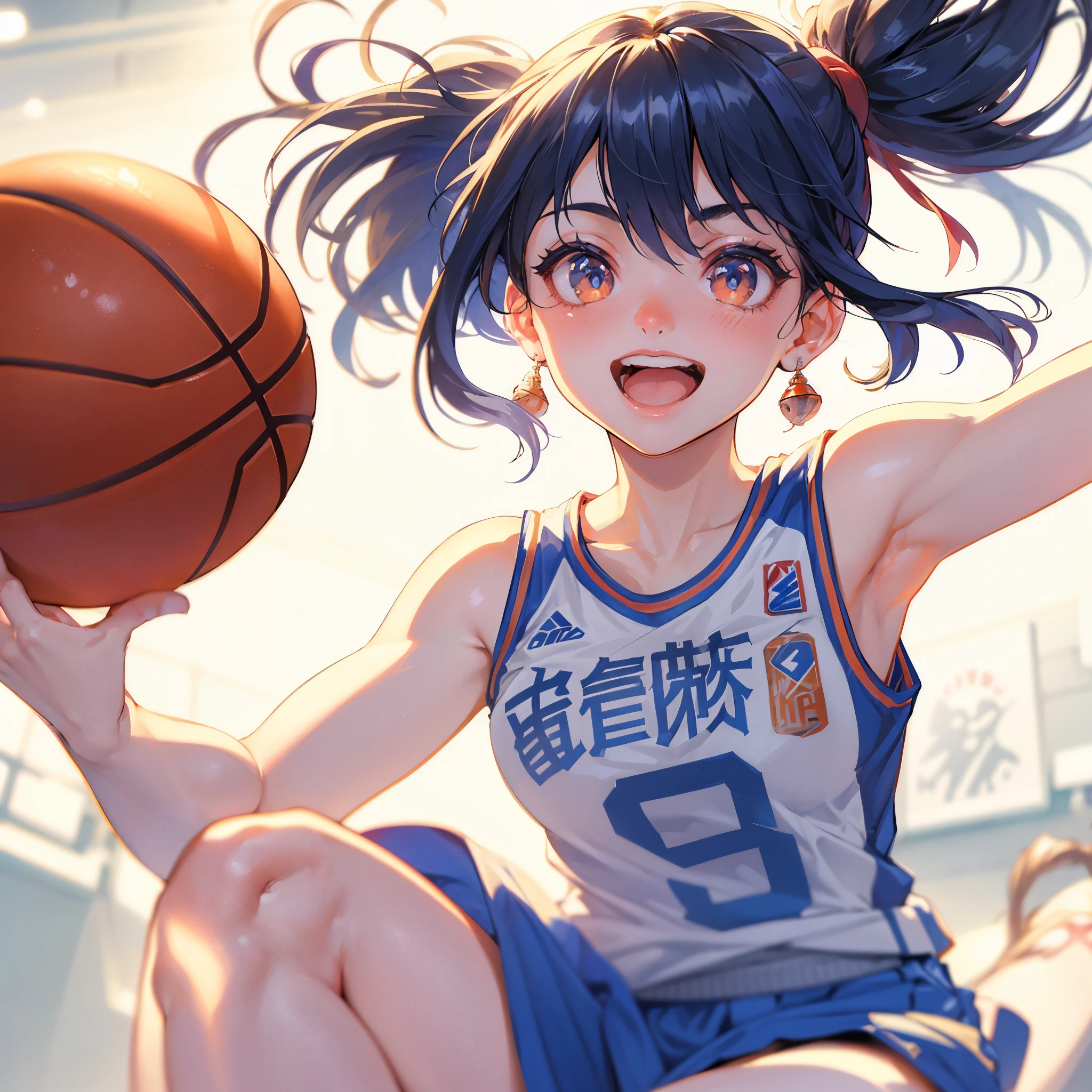 (Best Quality, masutepiece),ultra detailed photographic,1girl in, female basketball athlete ,Large breasts,nice legs,At the basketball venue,Detailed beautiful face,Beautiful eyes,detailed hairs,detailed  clothes,Detailed realistic skin,Cool,Dynamic Angle,