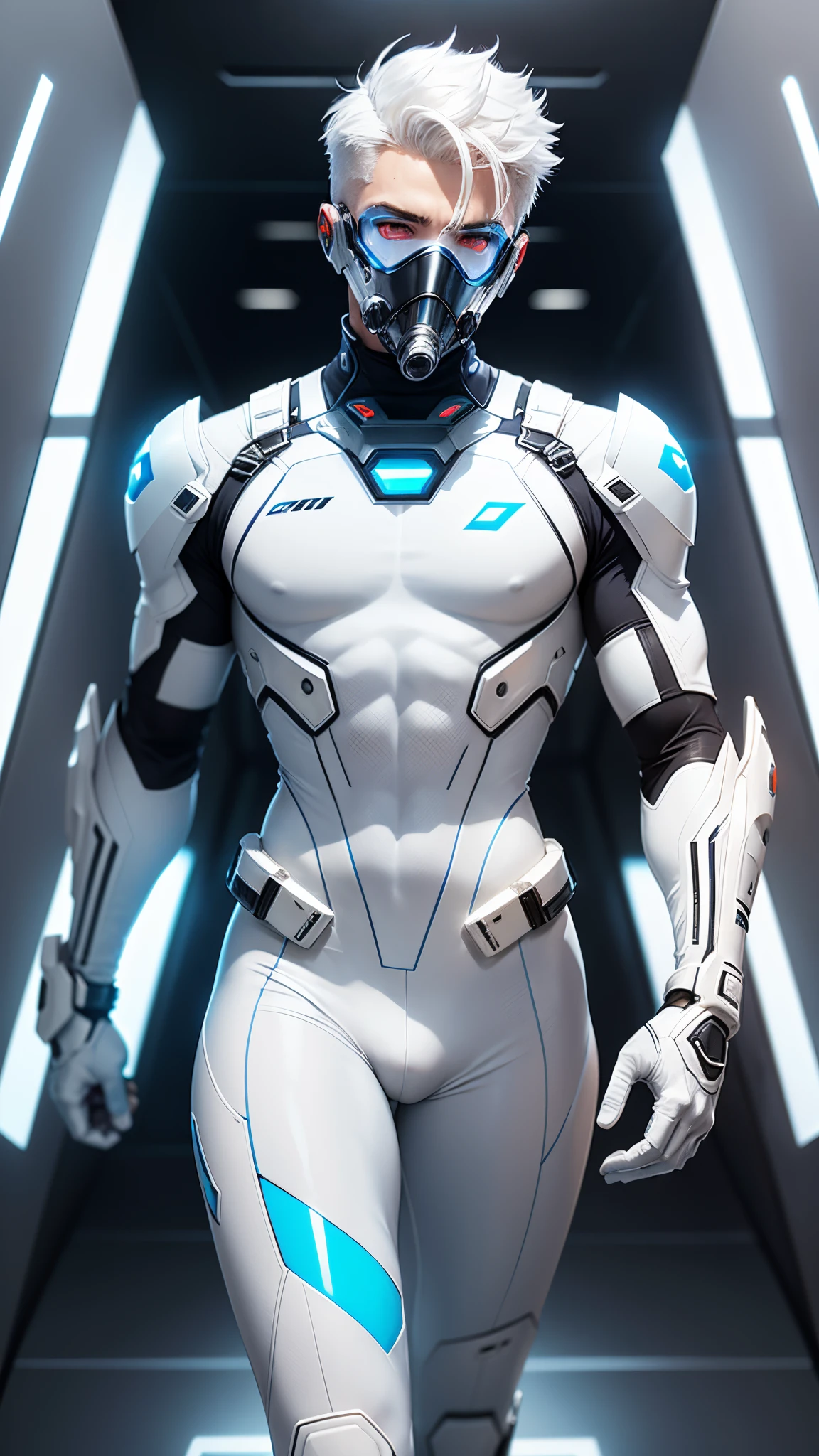 body suit, white and blue suit, futuristic suit, white gauntlets, white gloves, white hands, skin tight bodysuit, toned male, teenager, young male, futuristic gas mask and vizor, bodysuit, futuristic, sci fi, hands seen, hair visible, solo male, full body seen, white hair