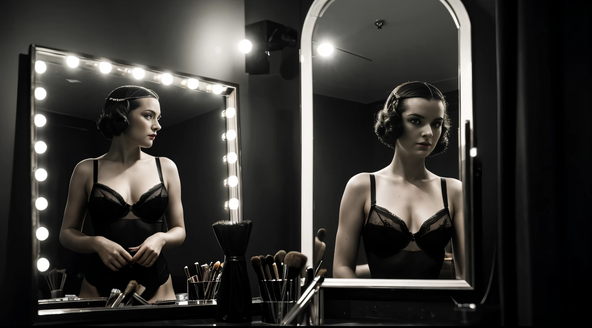 Masterpiece, photorealistic, 1930's Journalism photography, medium shot of a woman wearing black lingerie, looking at herself in the make up mirror, she is reflecting in the mirror, in the backstage of Can Can club