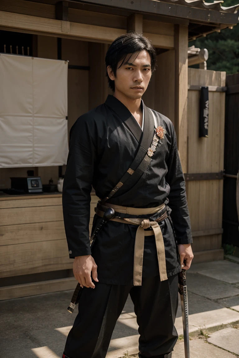 1man, Solo, 25 years old man,samurai, short black hair, samurai outfit, with katana, standing outside,in front of dojo photography,RAW Photography, 8k, , Masterpiece, Full Body Shooting, Top Quality, Fine Pore, Realistic, Photorealistic, Ultra Detailed