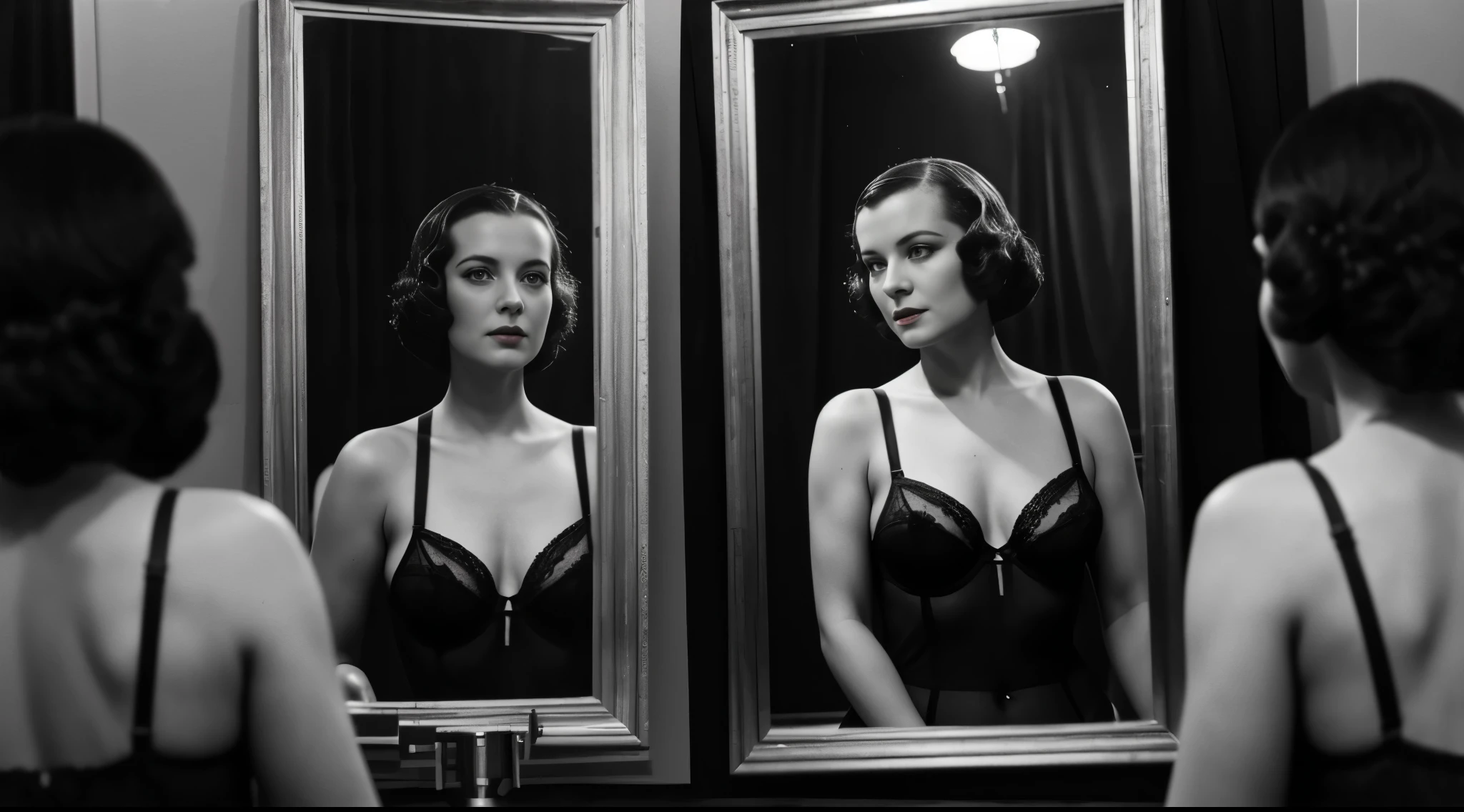 Masterpiece, photorealistic, 1930's Journalism photography, medium shot of a woman wearing black lingerie, looking at herself in the make up mirror, she is reflecting in the mirror, in the backstage of Can Can club